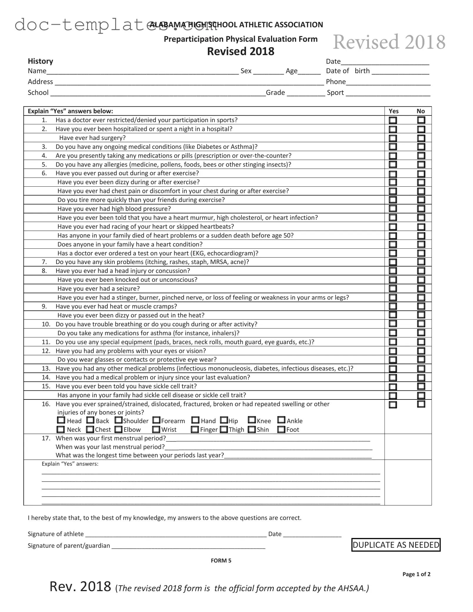 Download Alabama High School Physical Template