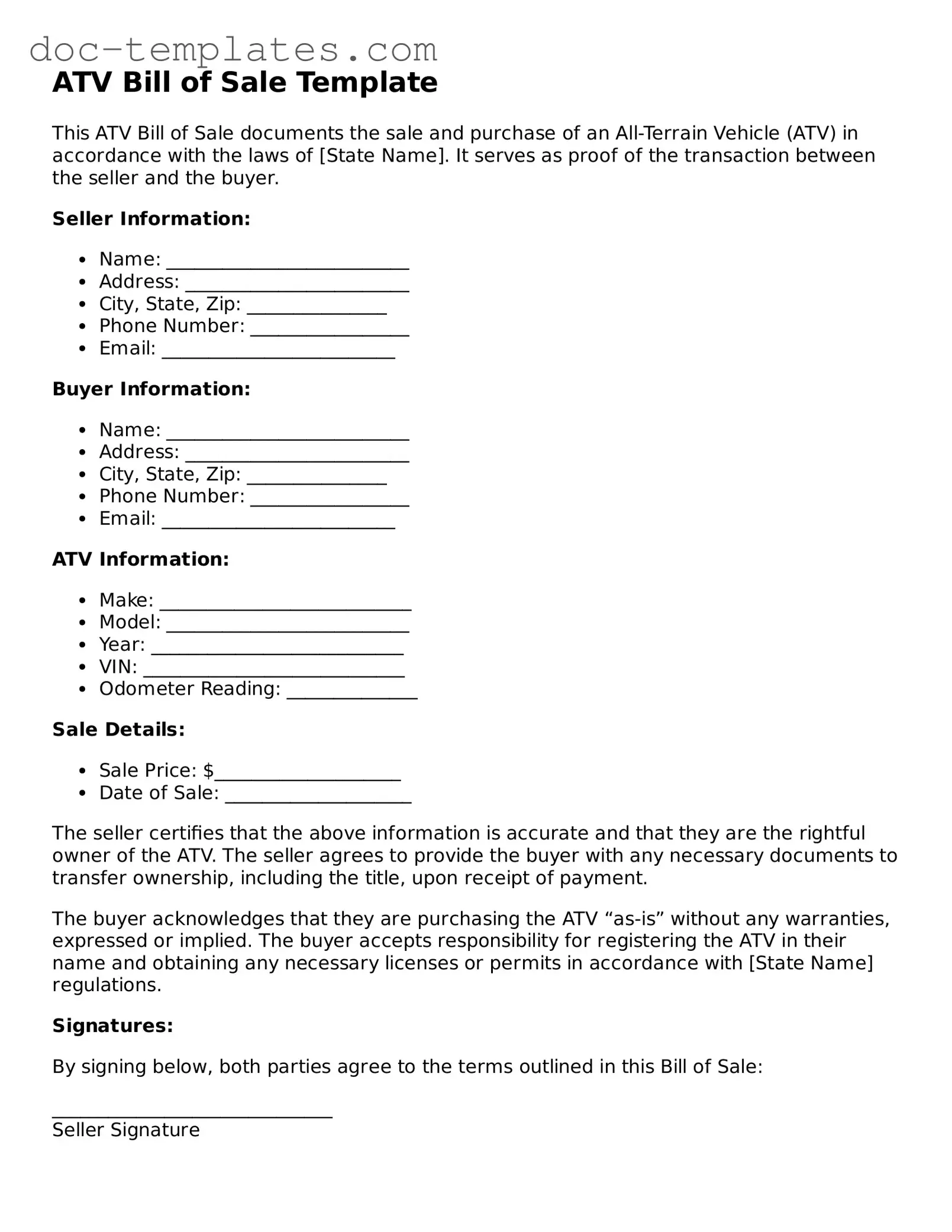 Official ATV Bill of Sale Document