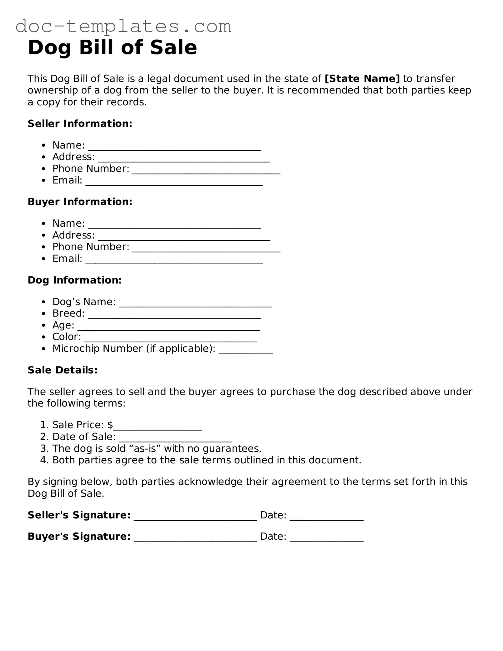 Official Dog Bill of Sale Document