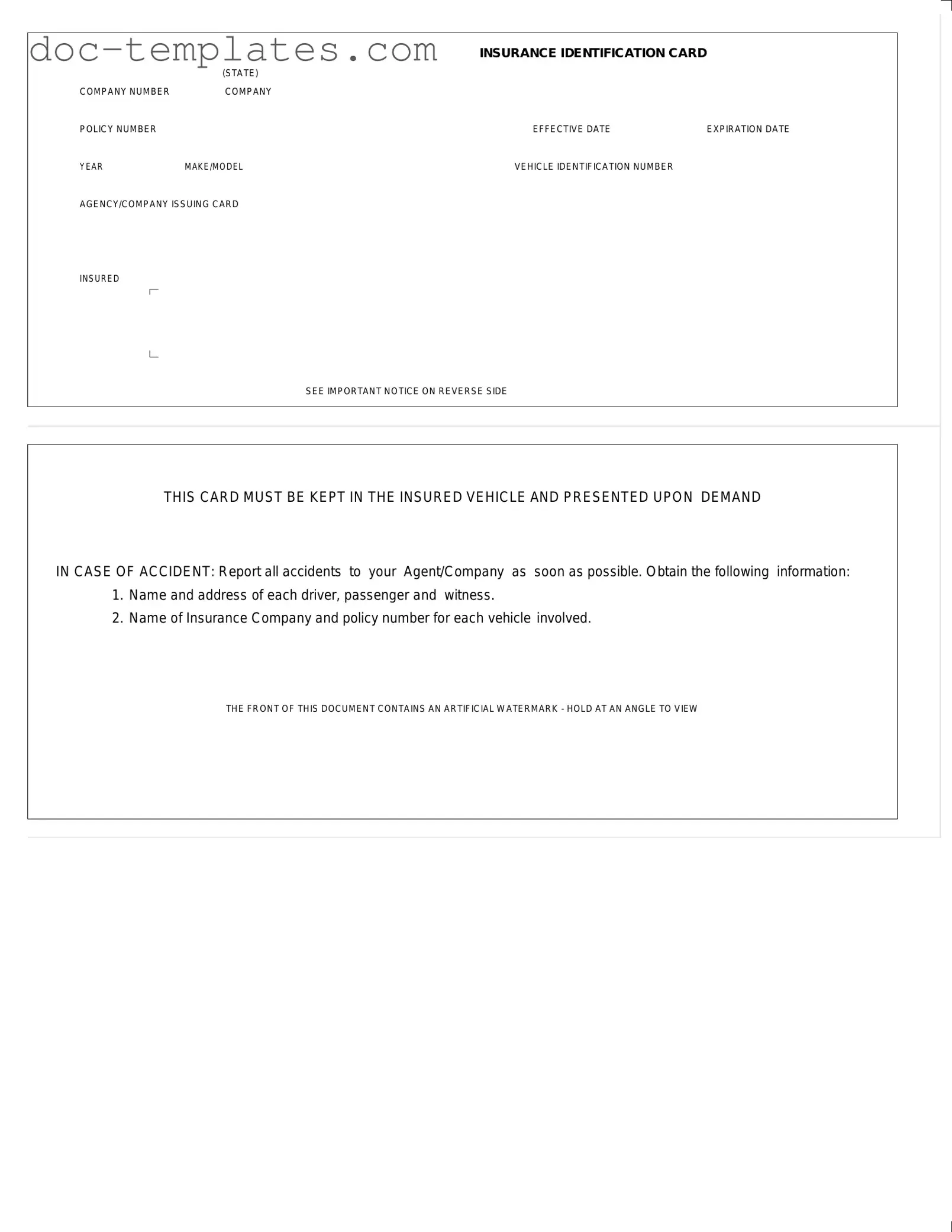 Free Auto Insurance Card Template Simple PDF Form