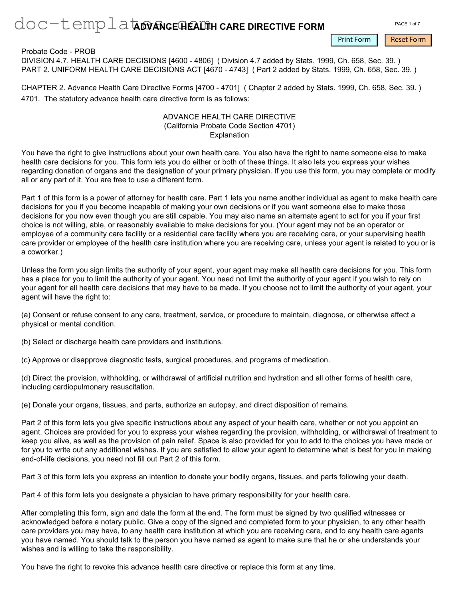 Download California Advanced Health Care Directive Template