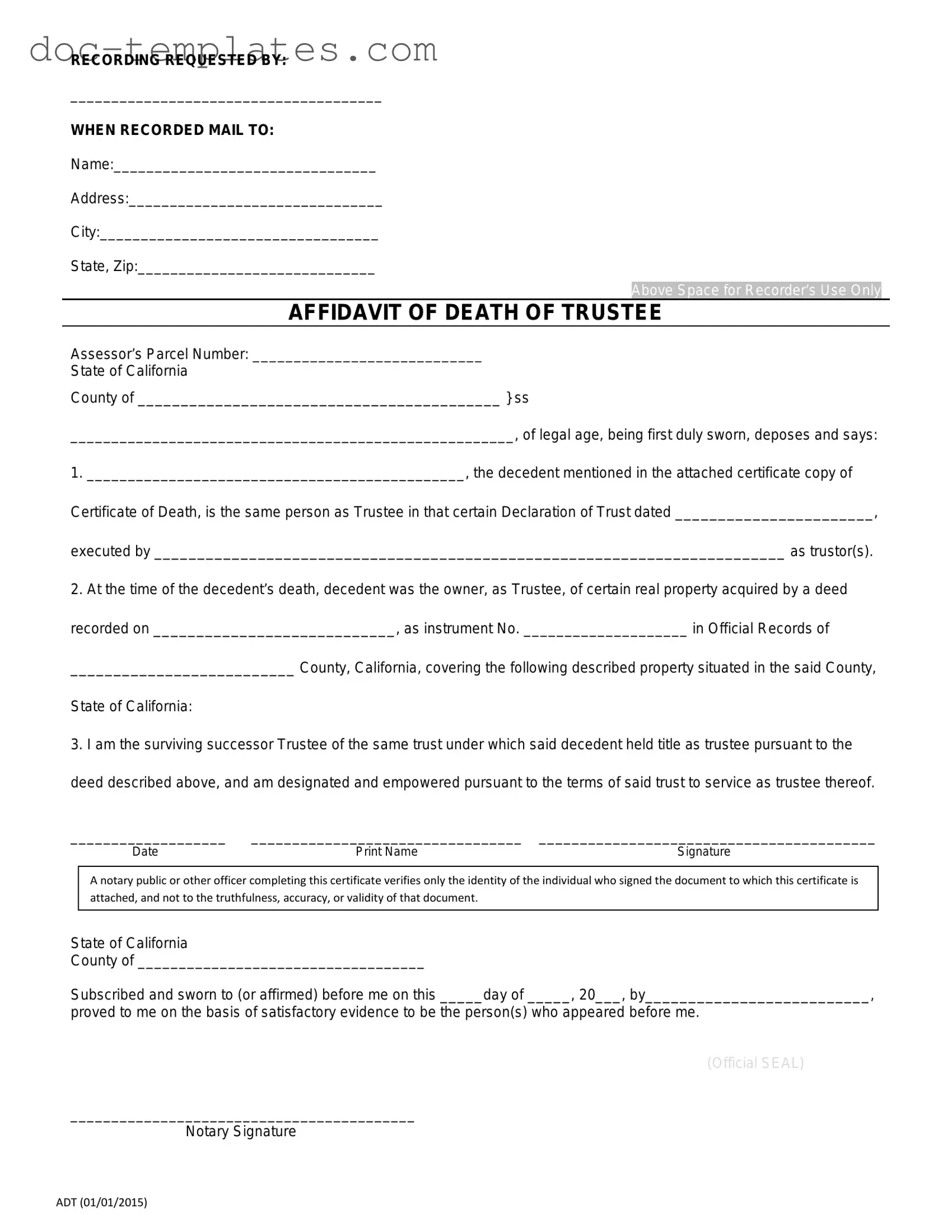 Download California Affidavit of Death of a Trustee Template
