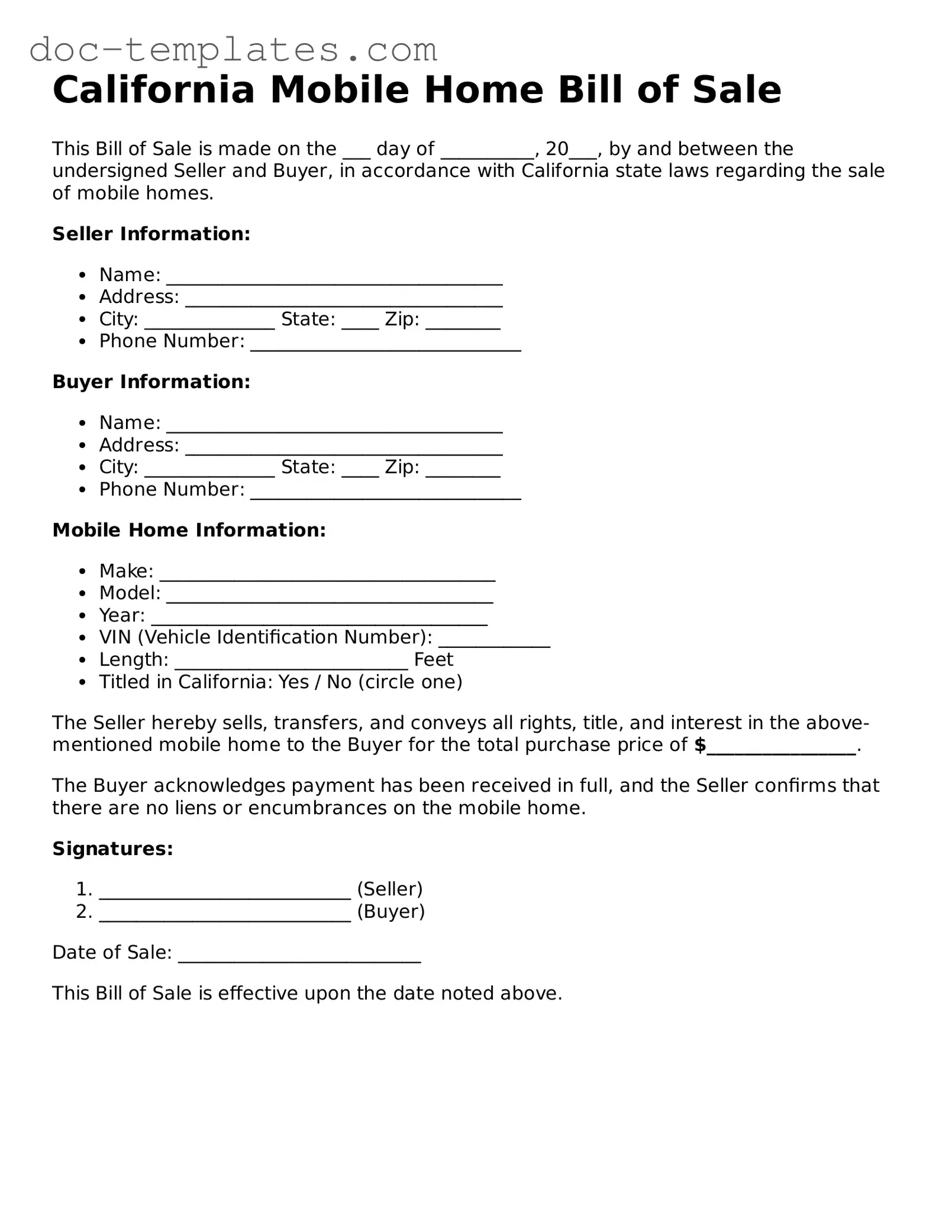 Legal  Mobile Home Bill of Sale Form for California
