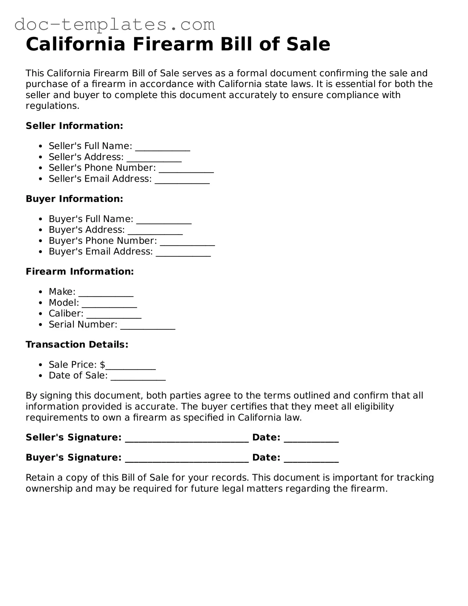 Legal  Firearm Bill of Sale Form for California