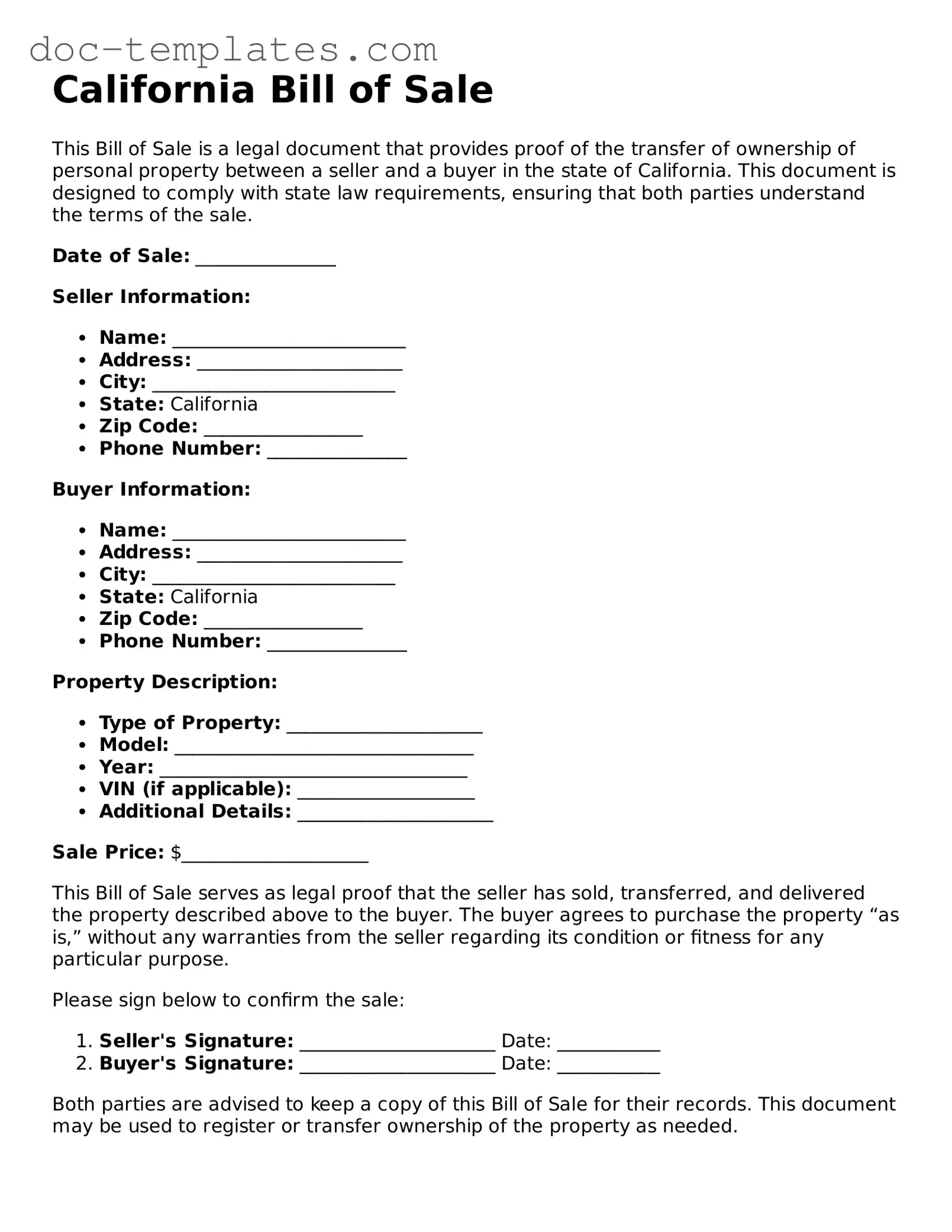 Legal  Bill of Sale Form for California