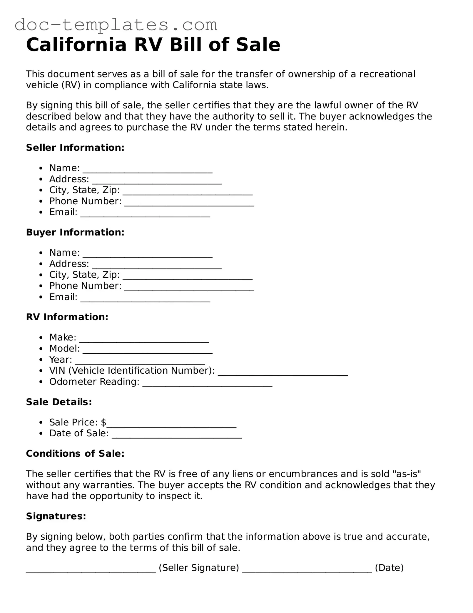 Legal  RV Bill of Sale Form for California