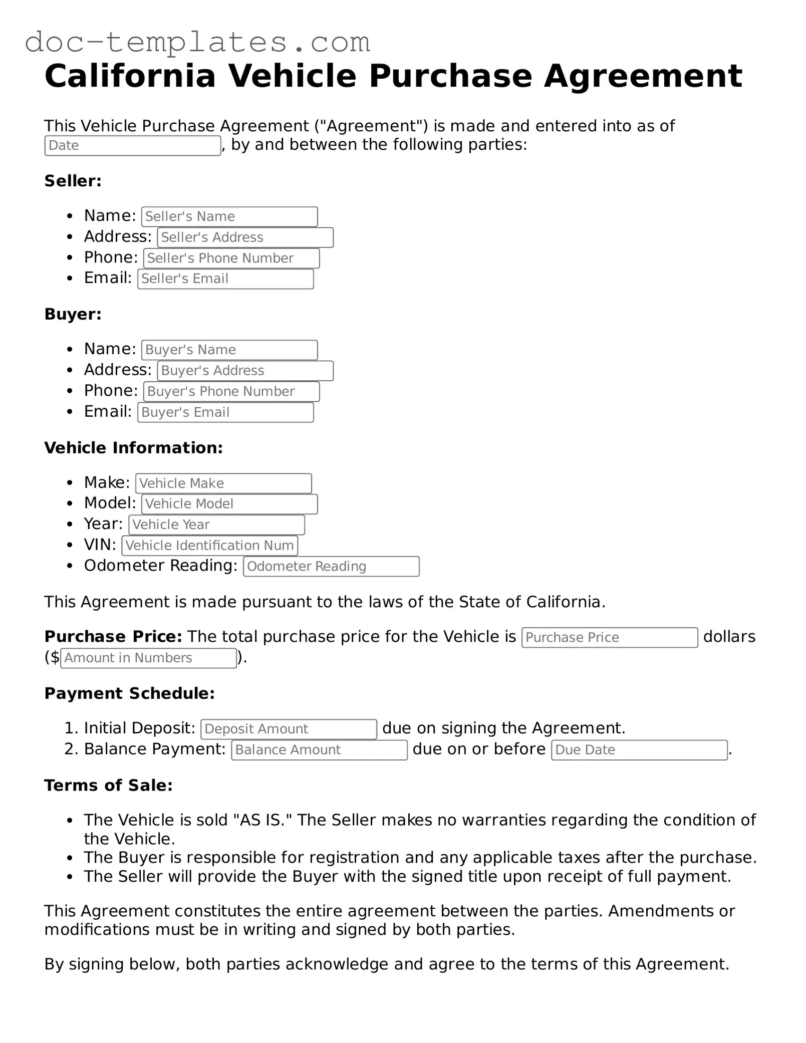 Legal  Vehicle Purchase Agreement Form for California