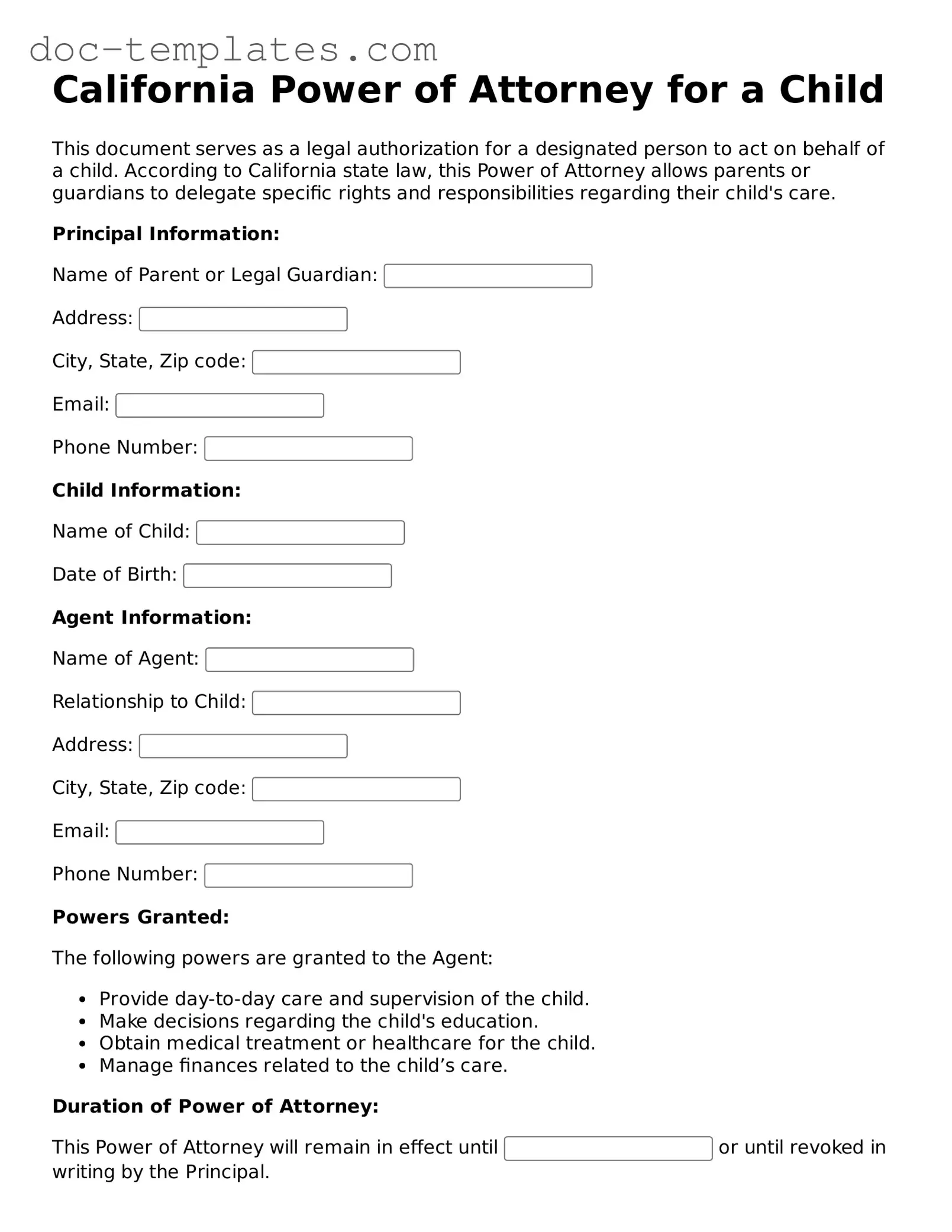 Legal  Power of Attorney for a Child Form for California
