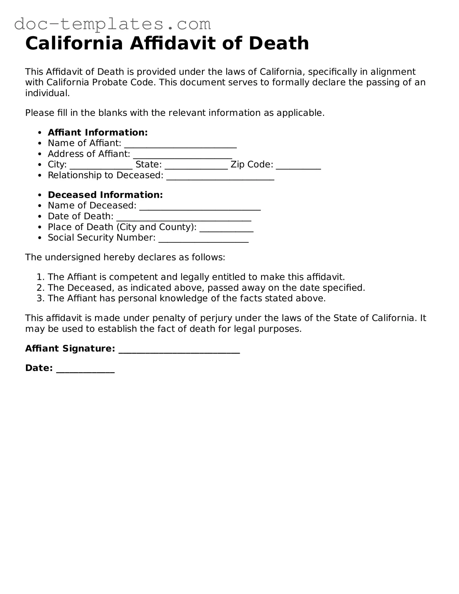 Legal  Affidavit of Death Form for California