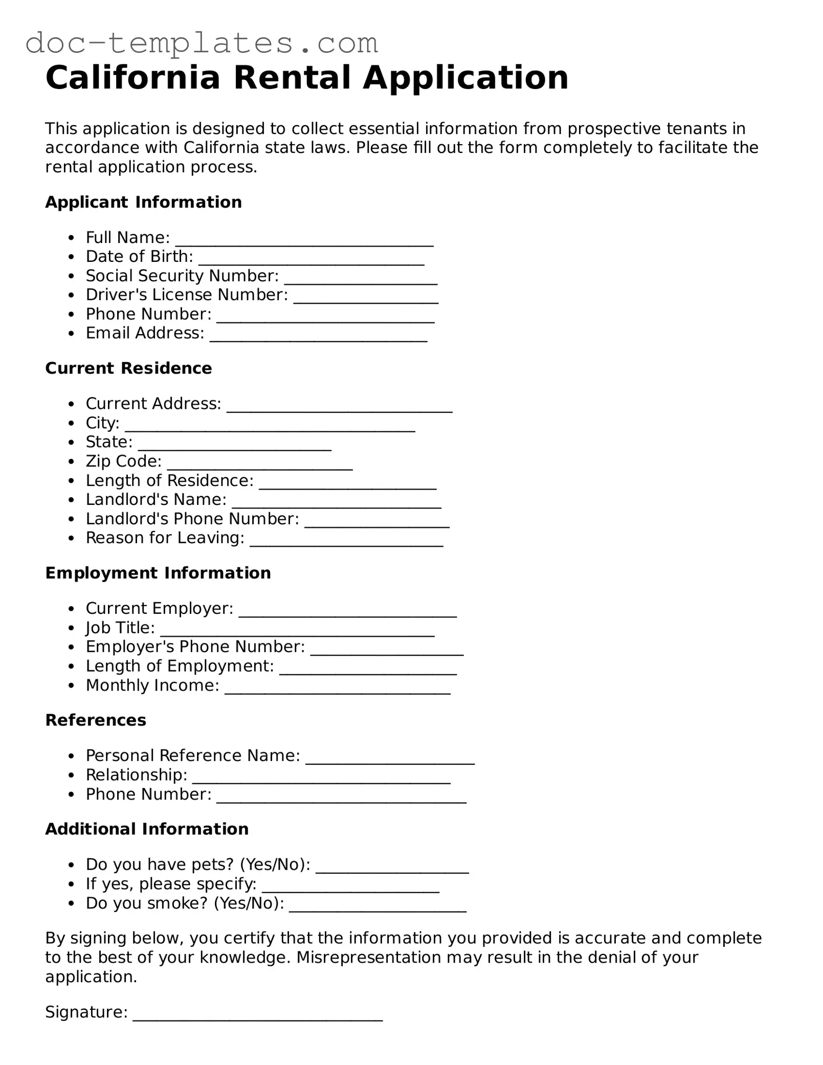 Legal  Rental Application Form for California