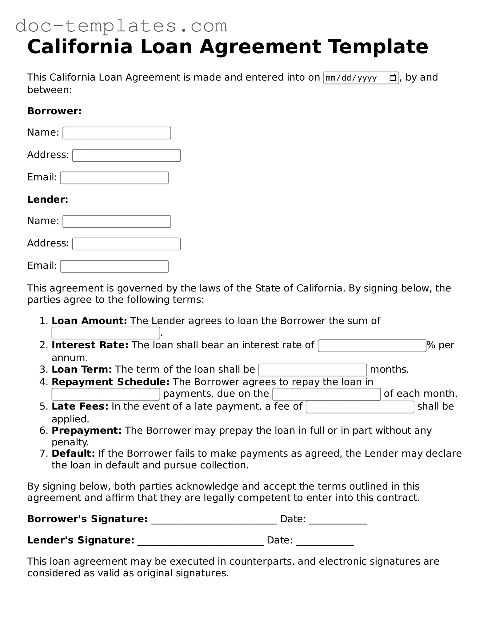 Legal  Loan Agreement Form for California