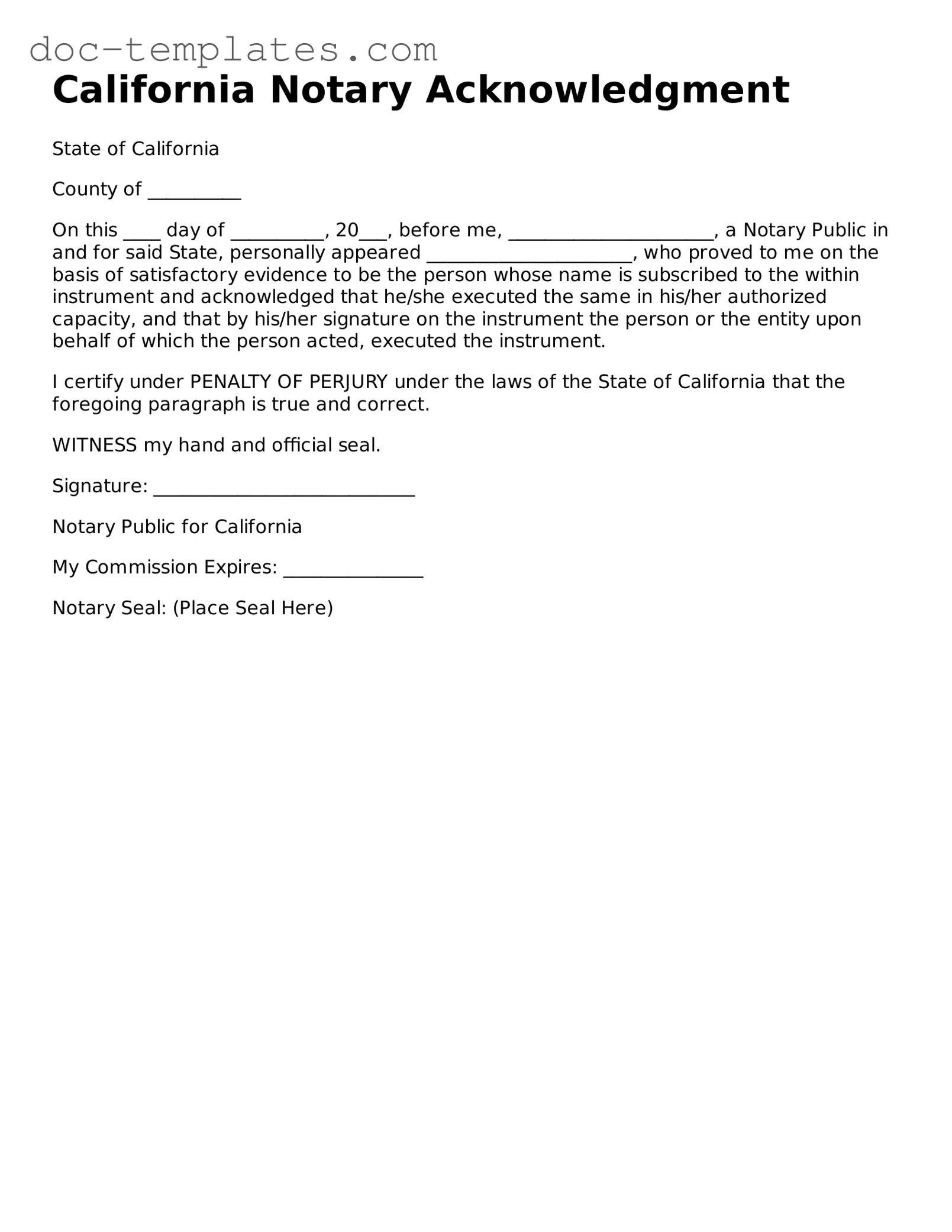 Legal  Notary Acknowledgement Form for California