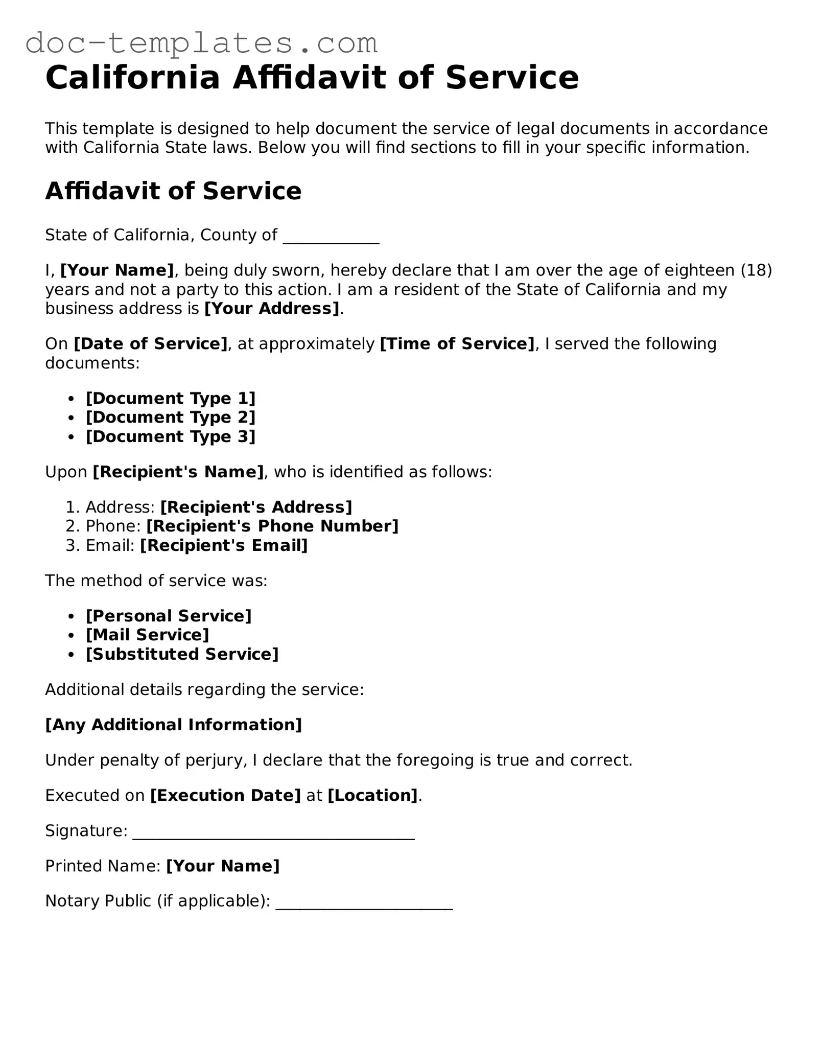Legal  Affidavit of Service Form for California