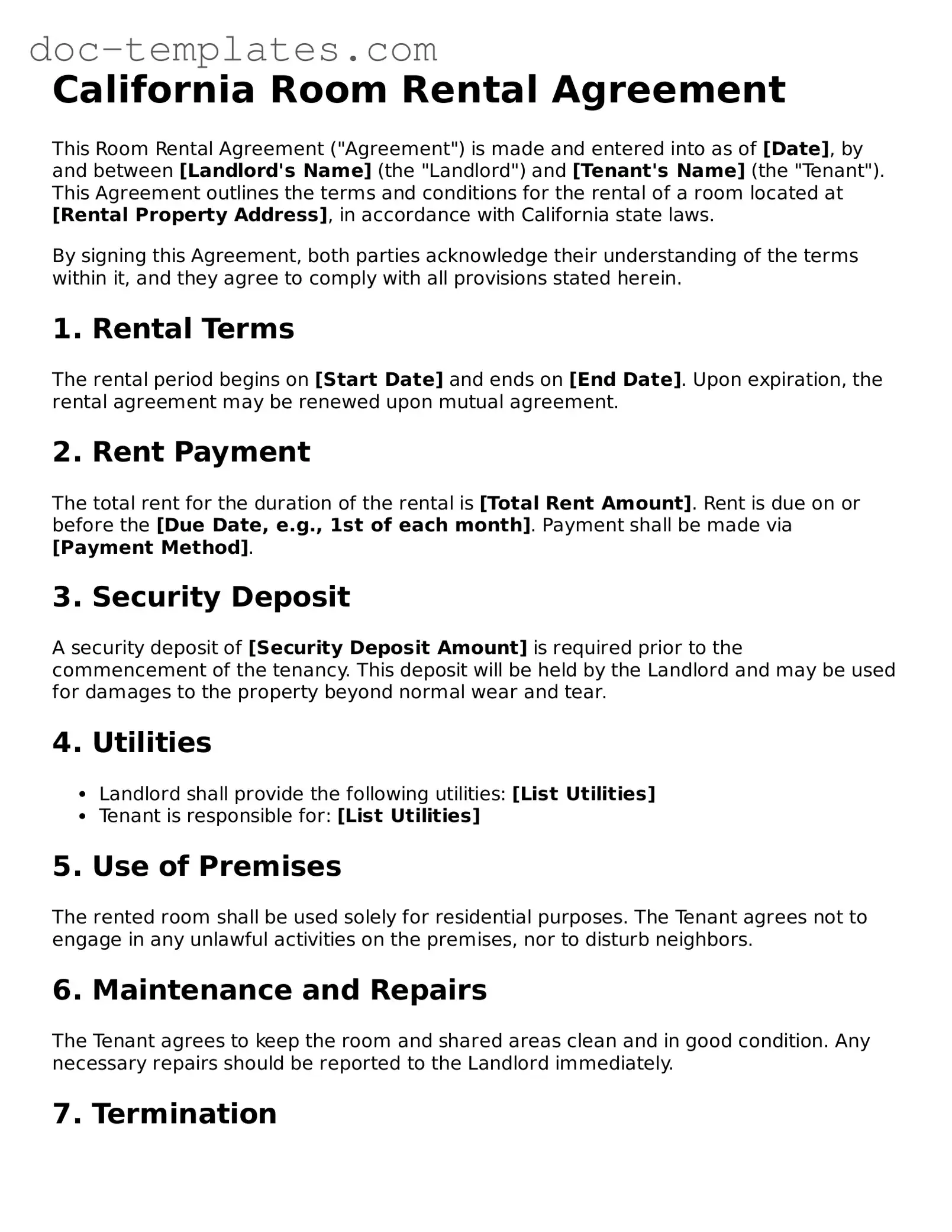 Legal  Room Rental Agreement Form for California