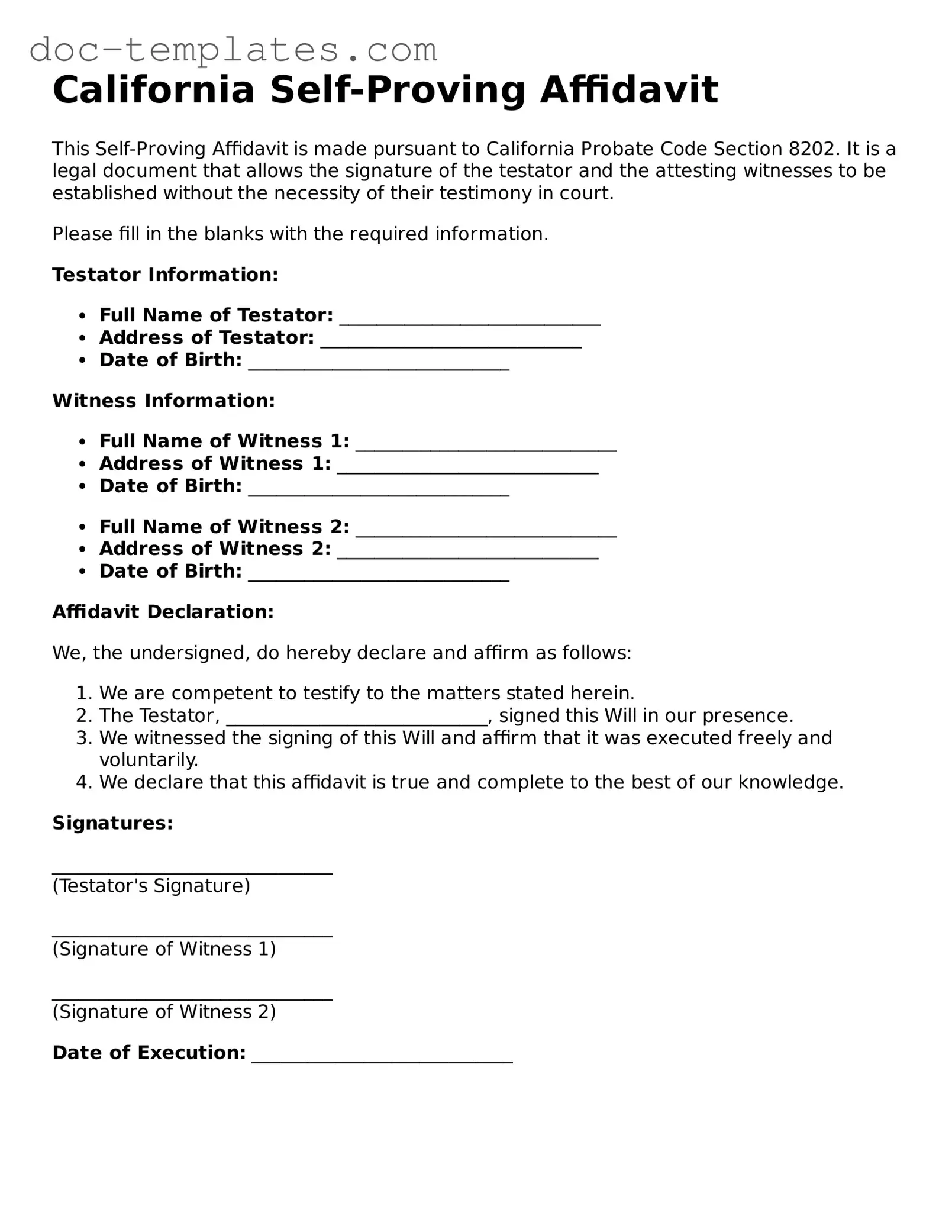 Legal  Self-Proving Affidavit Form for California