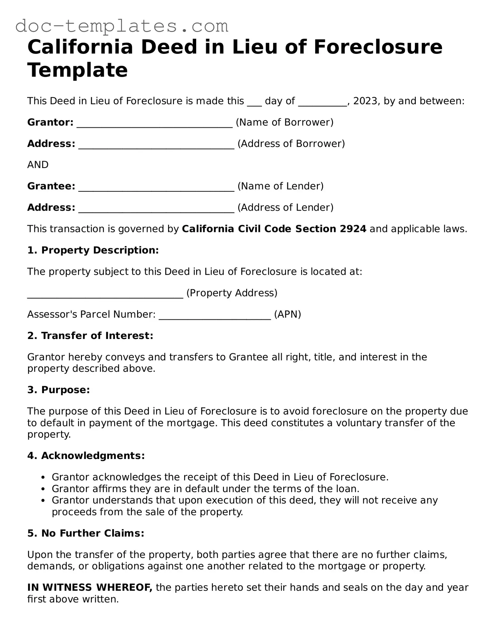 Legal  Deed in Lieu of Foreclosure Form for California