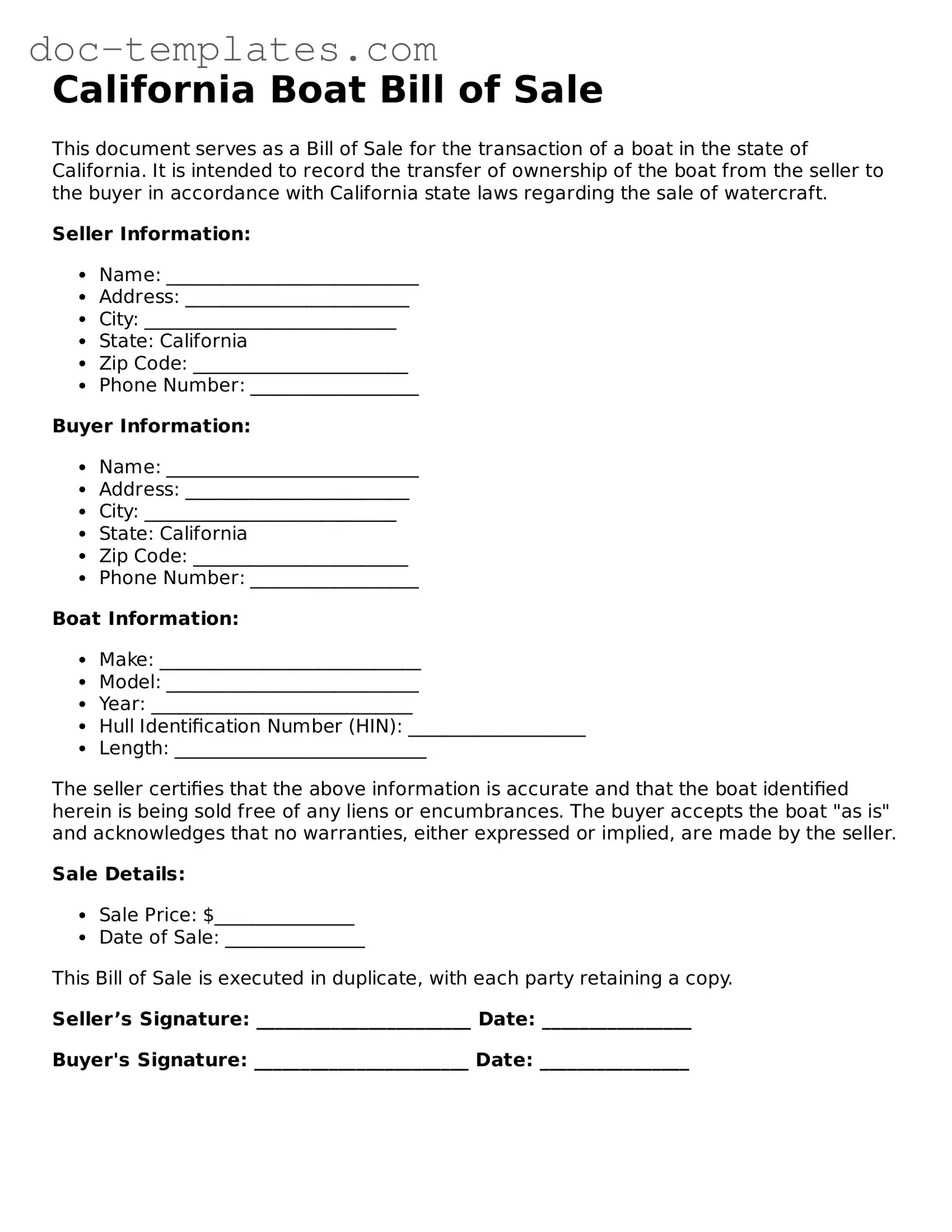 Legal  Boat Bill of Sale Form for California