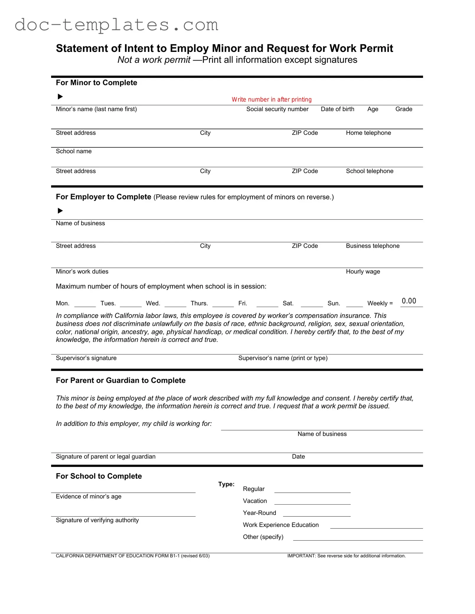 Download Statement of Intent to Employ Minor and Request for Work Permit Template