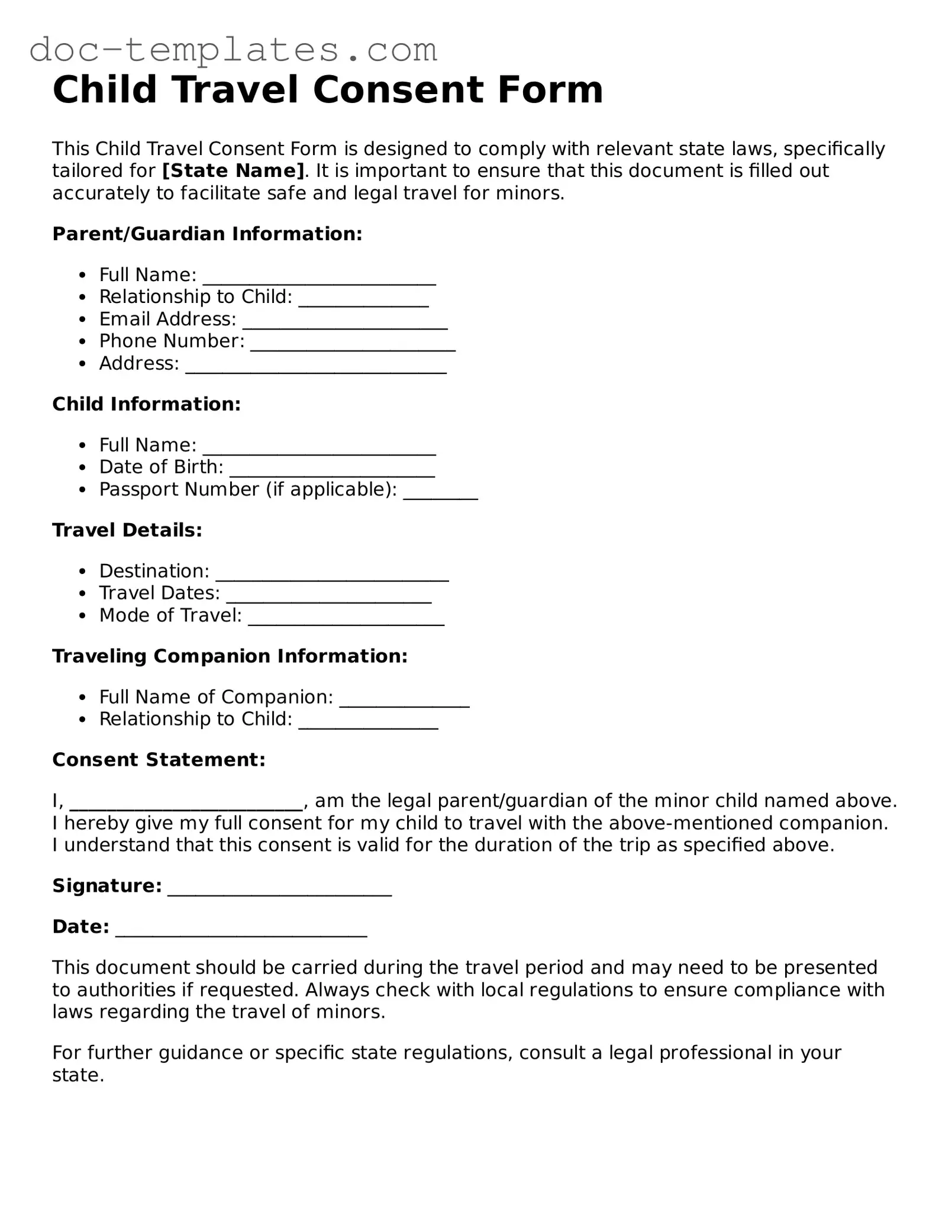 Official Child Travel Consent Form Document