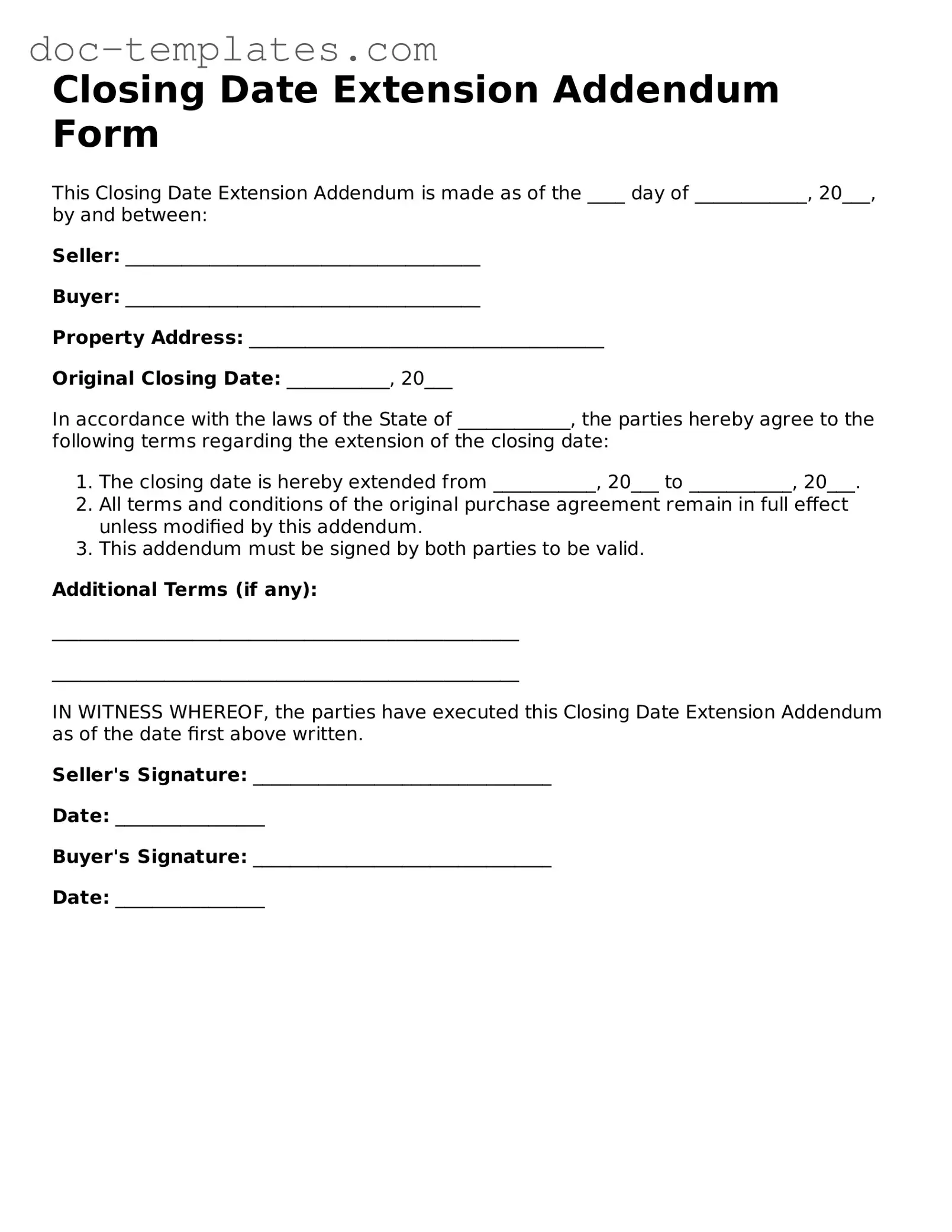 Official Closing Date Extension Addendum Form Document