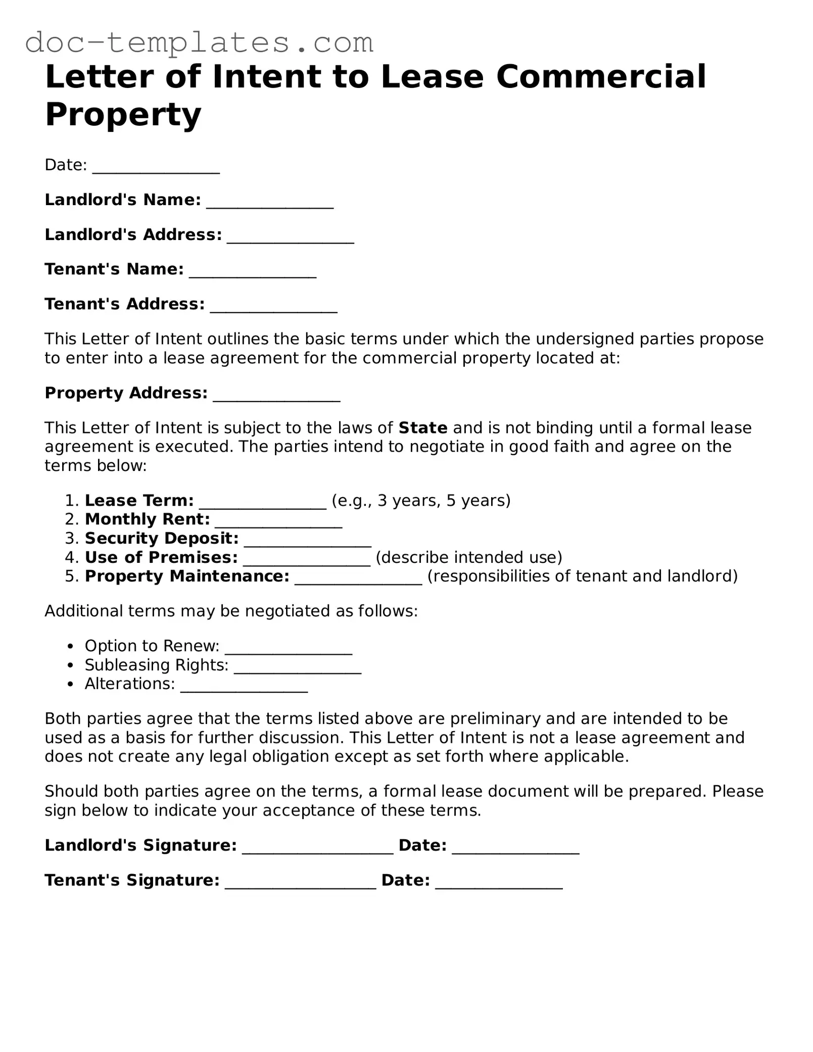 Official Letter of Intent to Lease Commercial Property Document