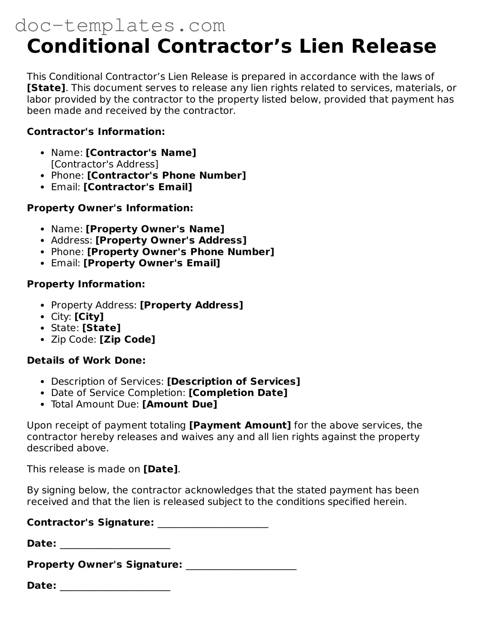 Official Conditional Contractor’s Lien Release Document