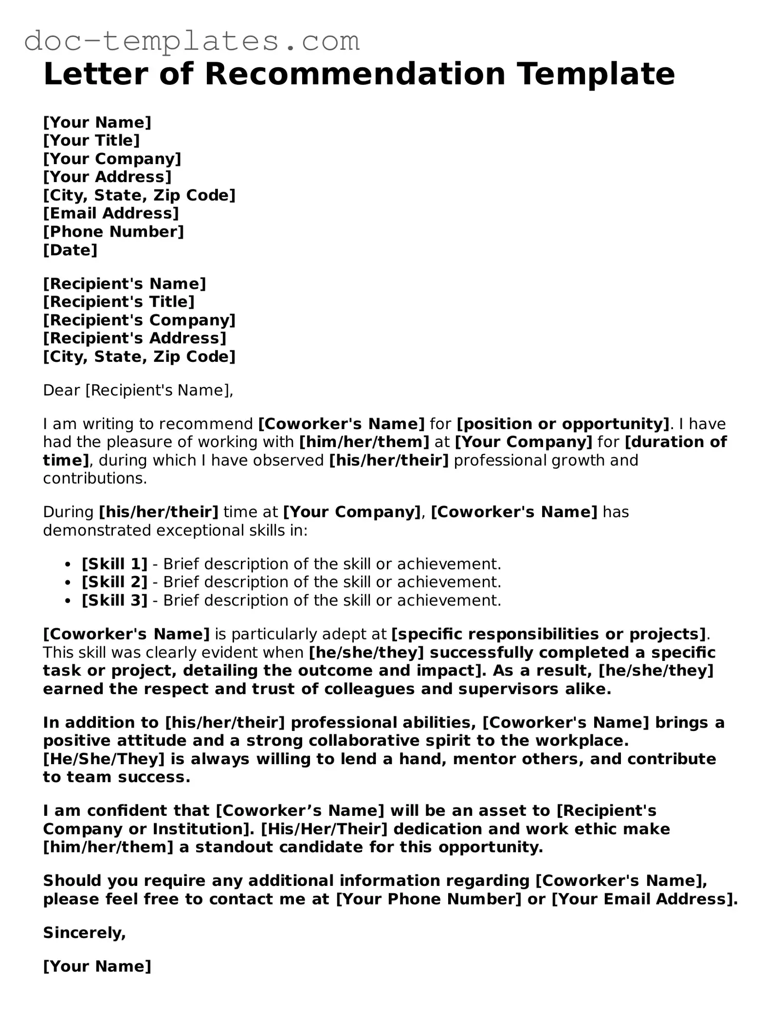 Official Letter of Recommendation for Coworker Document
