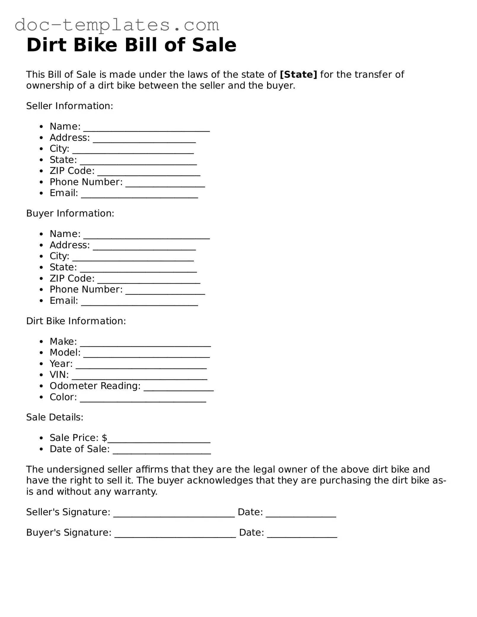 Official Dirt Bike Bill of Sale Document