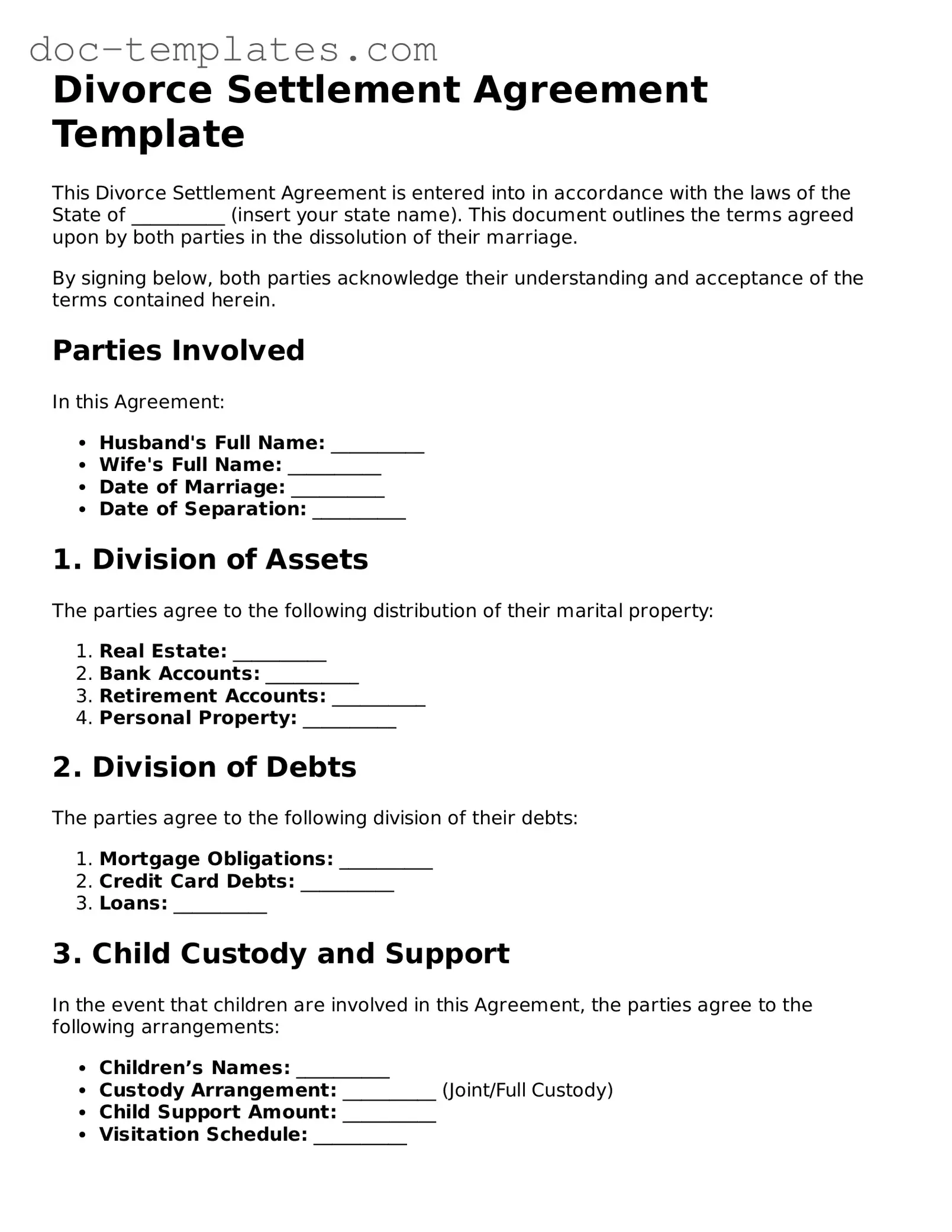 Official Divorce Settlement Agreement Document