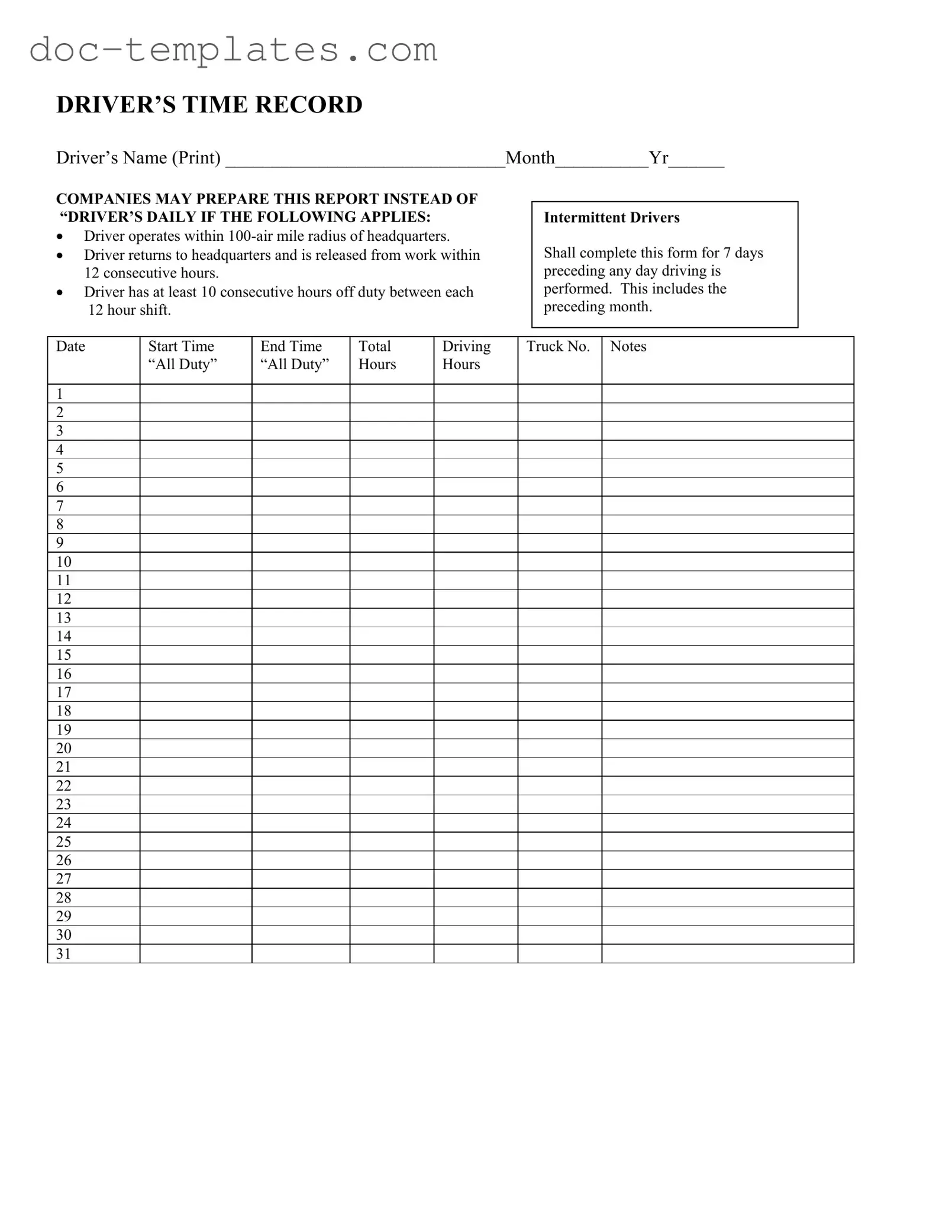 Download Driver Time Record Template