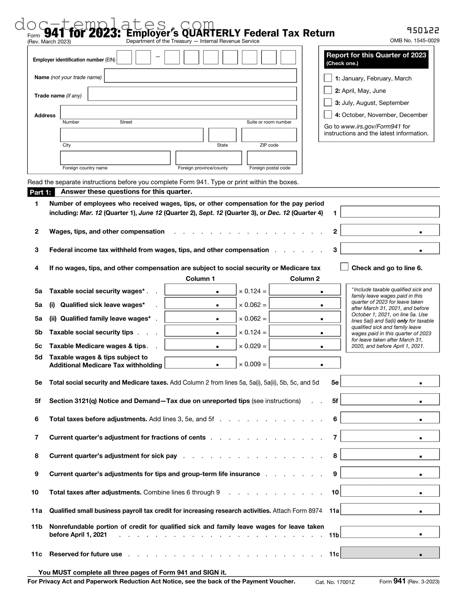 Free IRS 941 Template Simple PDF Form
