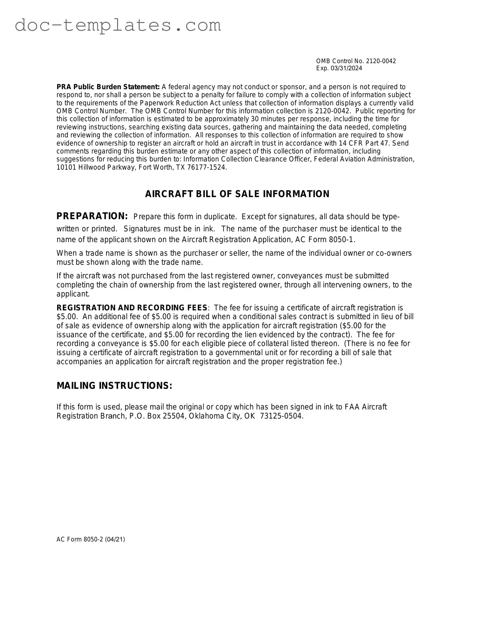 Download Aircraft Bill of Sale AC 8050-2 Template