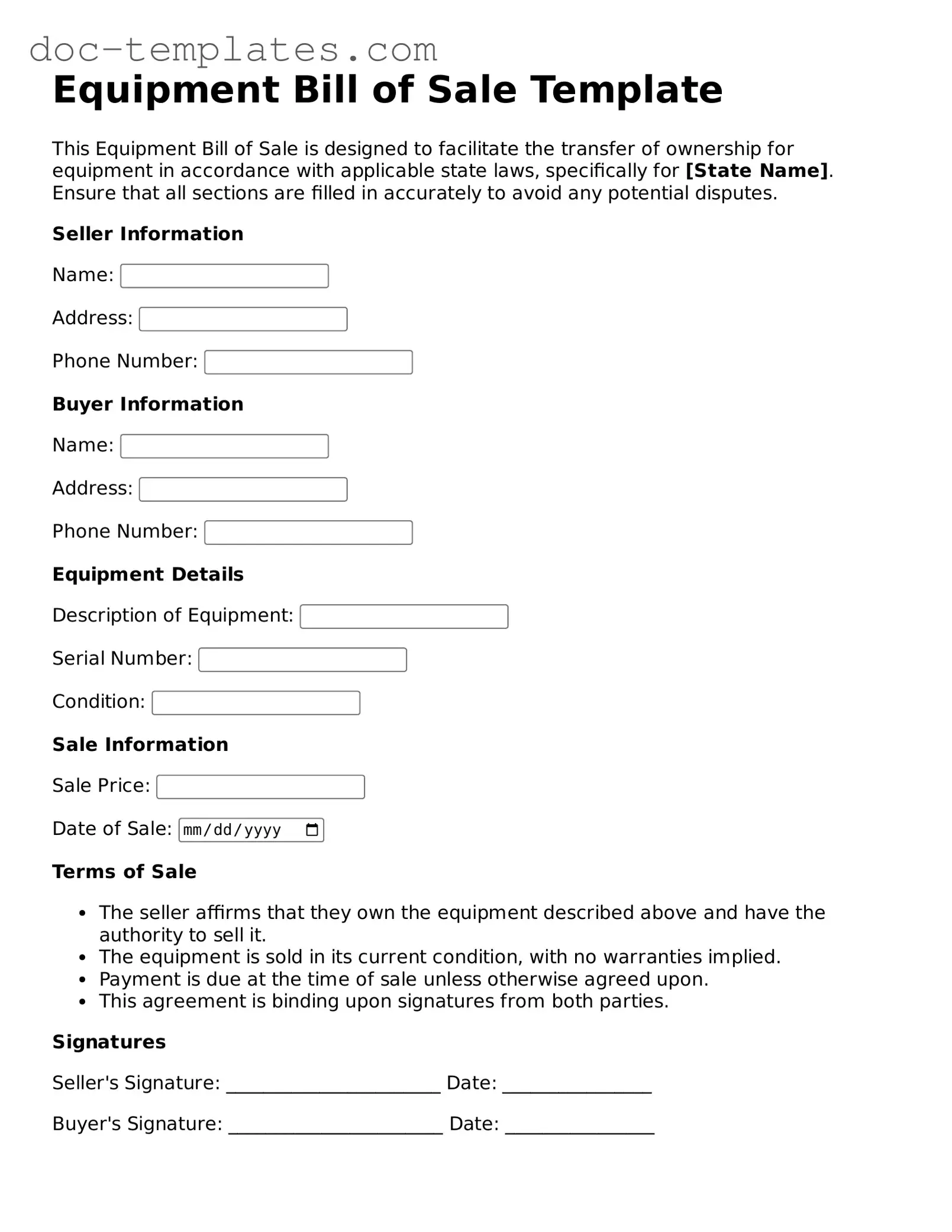 Official Equipment Bill of Sale Document