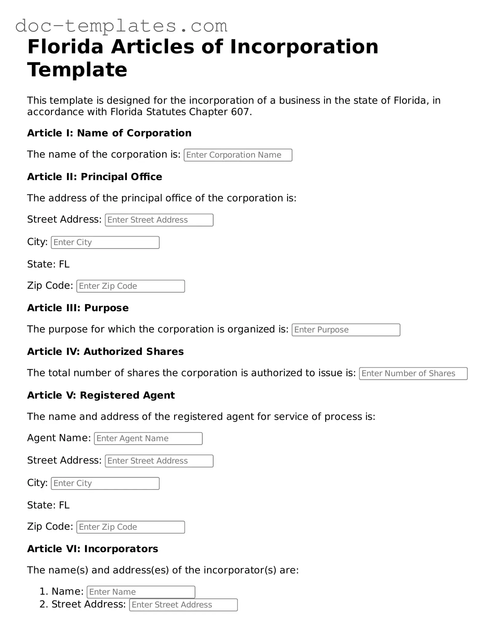 Legal  Articles of Incorporation Form for Florida