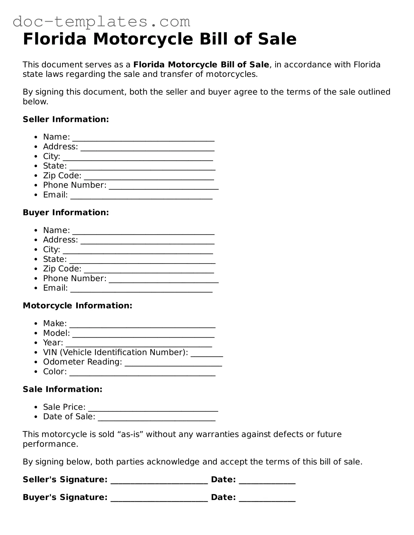 Legal  Motorcycle Bill of Sale Form for Florida