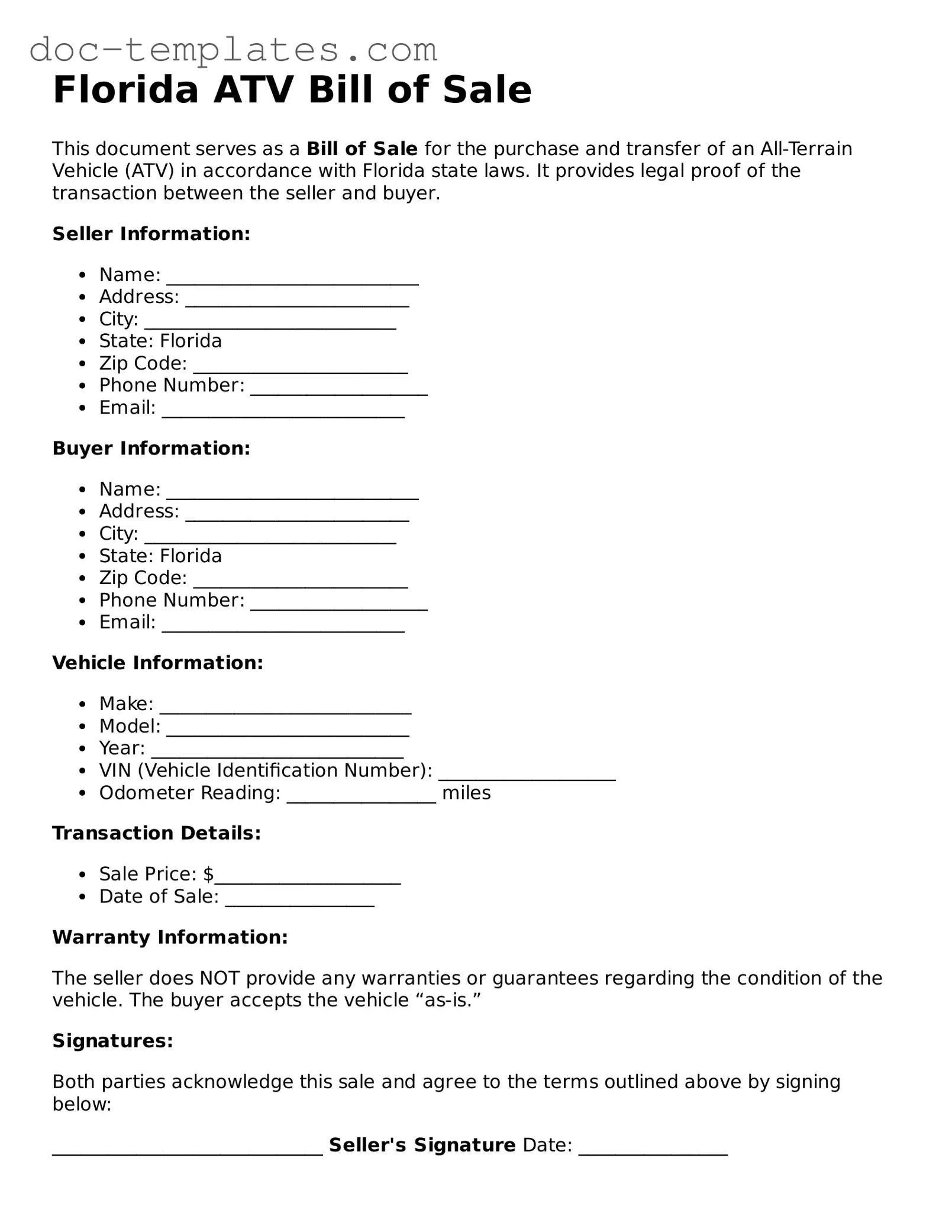 Legal  ATV Bill of Sale Form for Florida