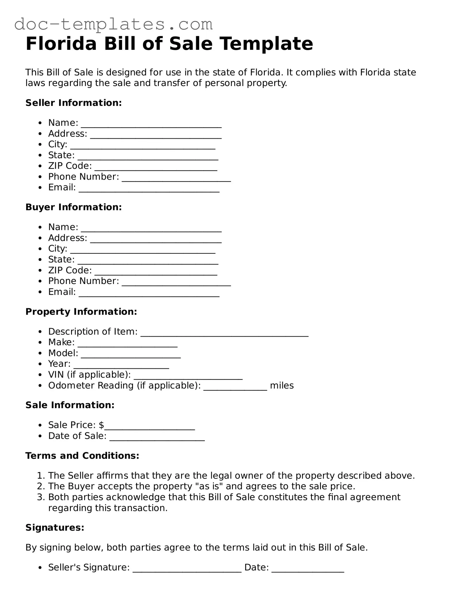 Legal  Bill of Sale Form for Florida