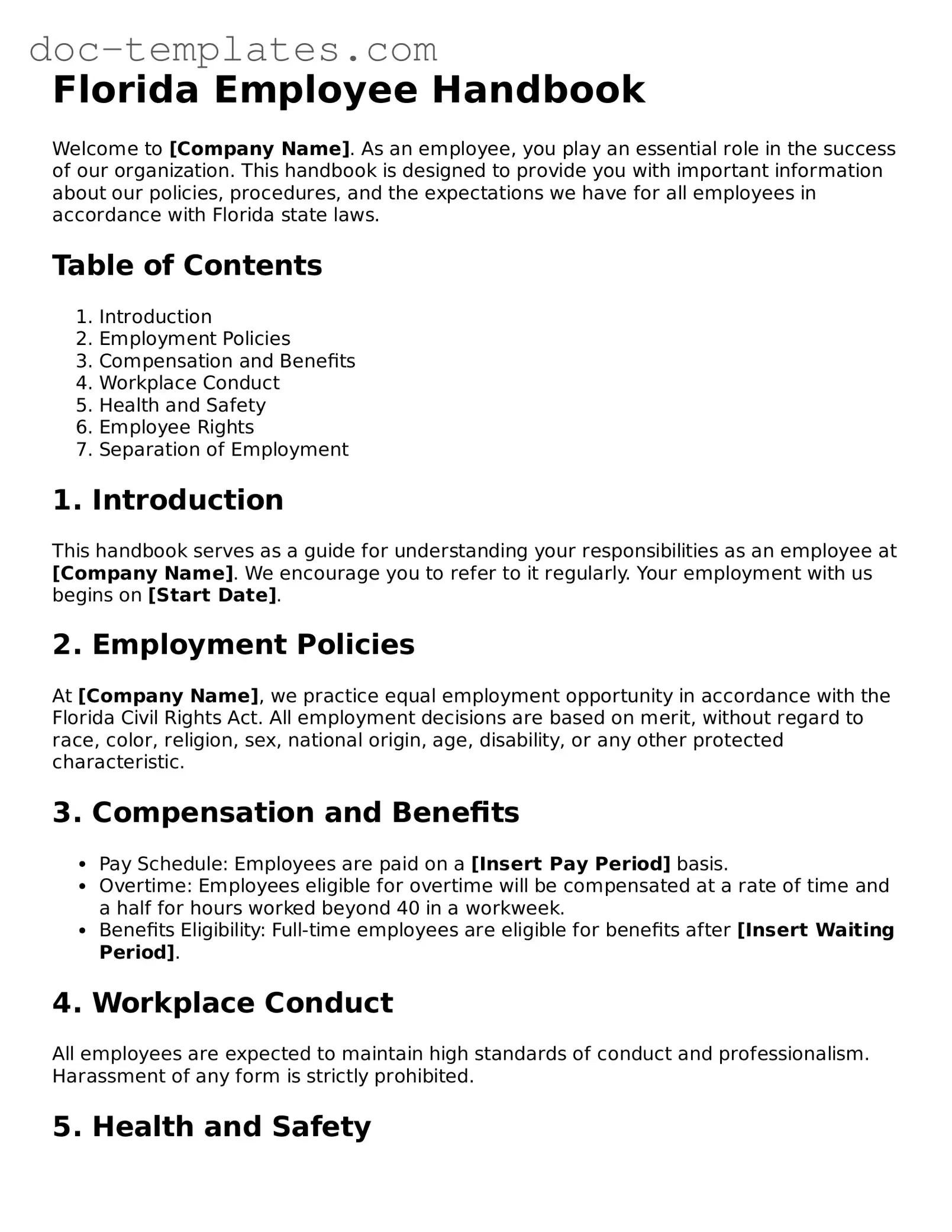 Legal  Employee Handbook Form for Florida