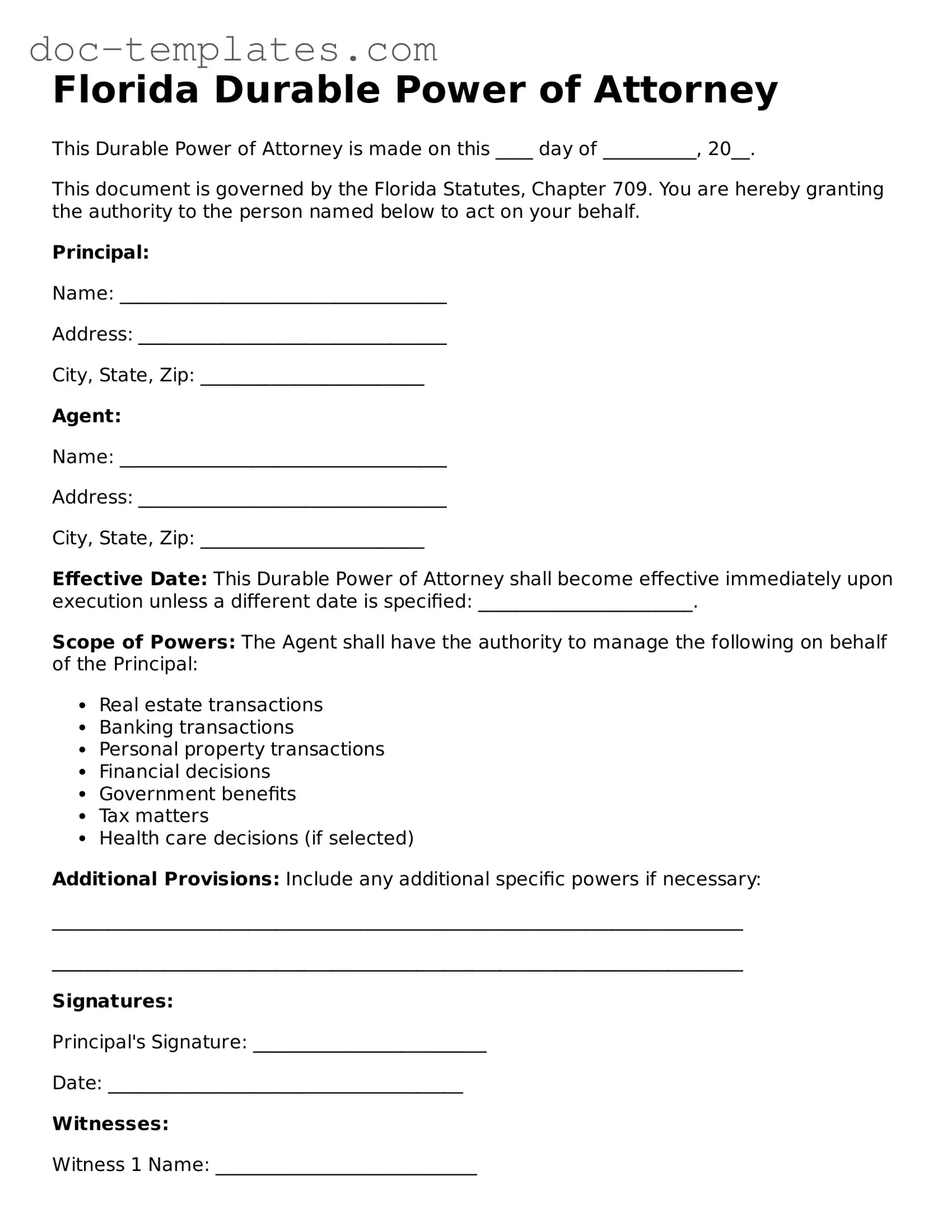 Legal  Durable Power of Attorney Form for Florida
