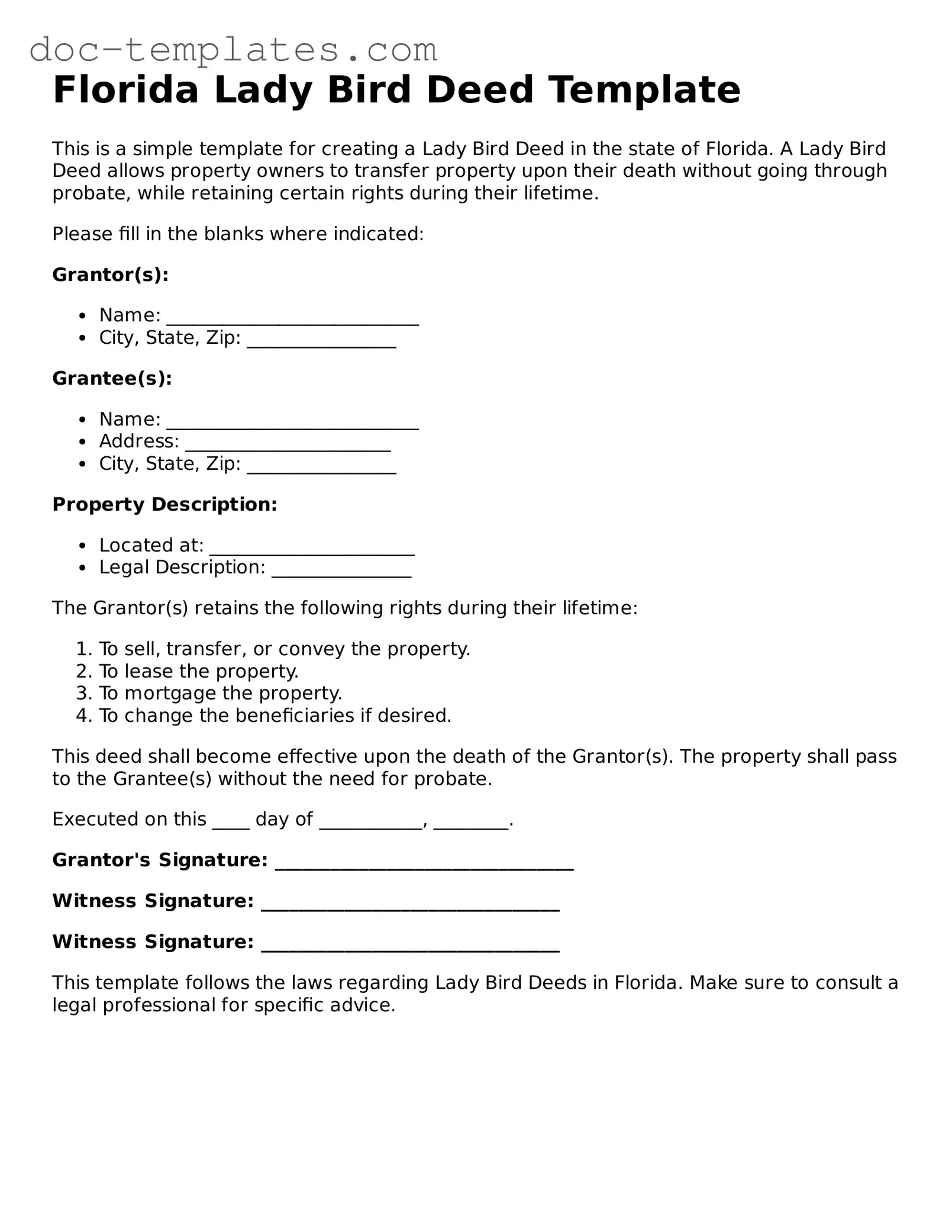 Legal  Lady Bird Deed Form for Florida