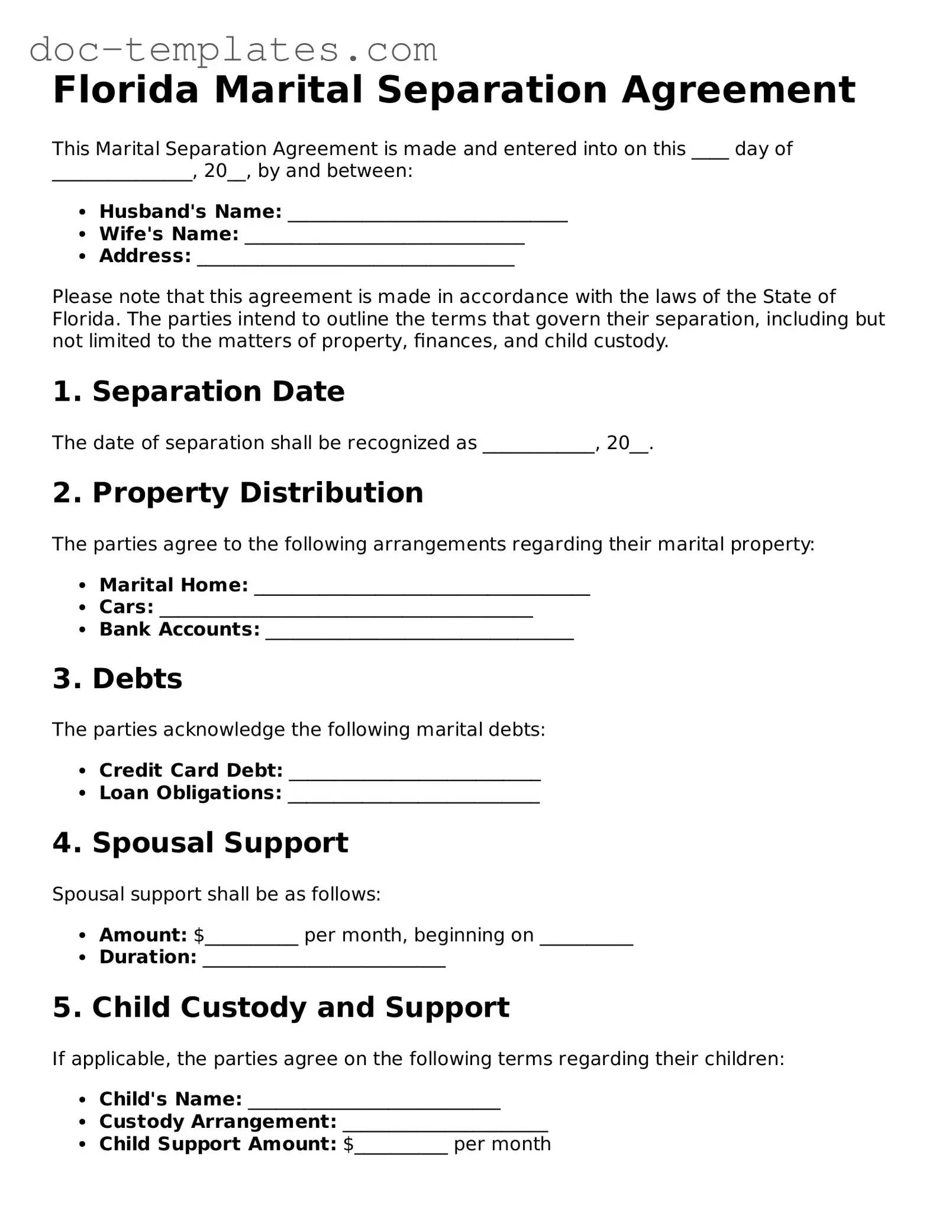 Legal  Marital Separation Agreement Form for Florida