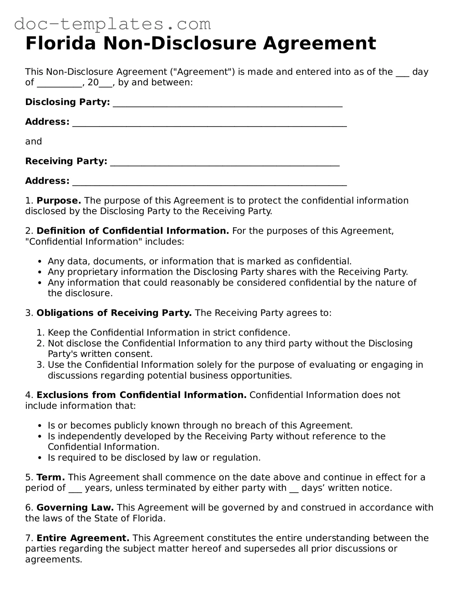Legal  Non-disclosure Agreement Form for Florida
