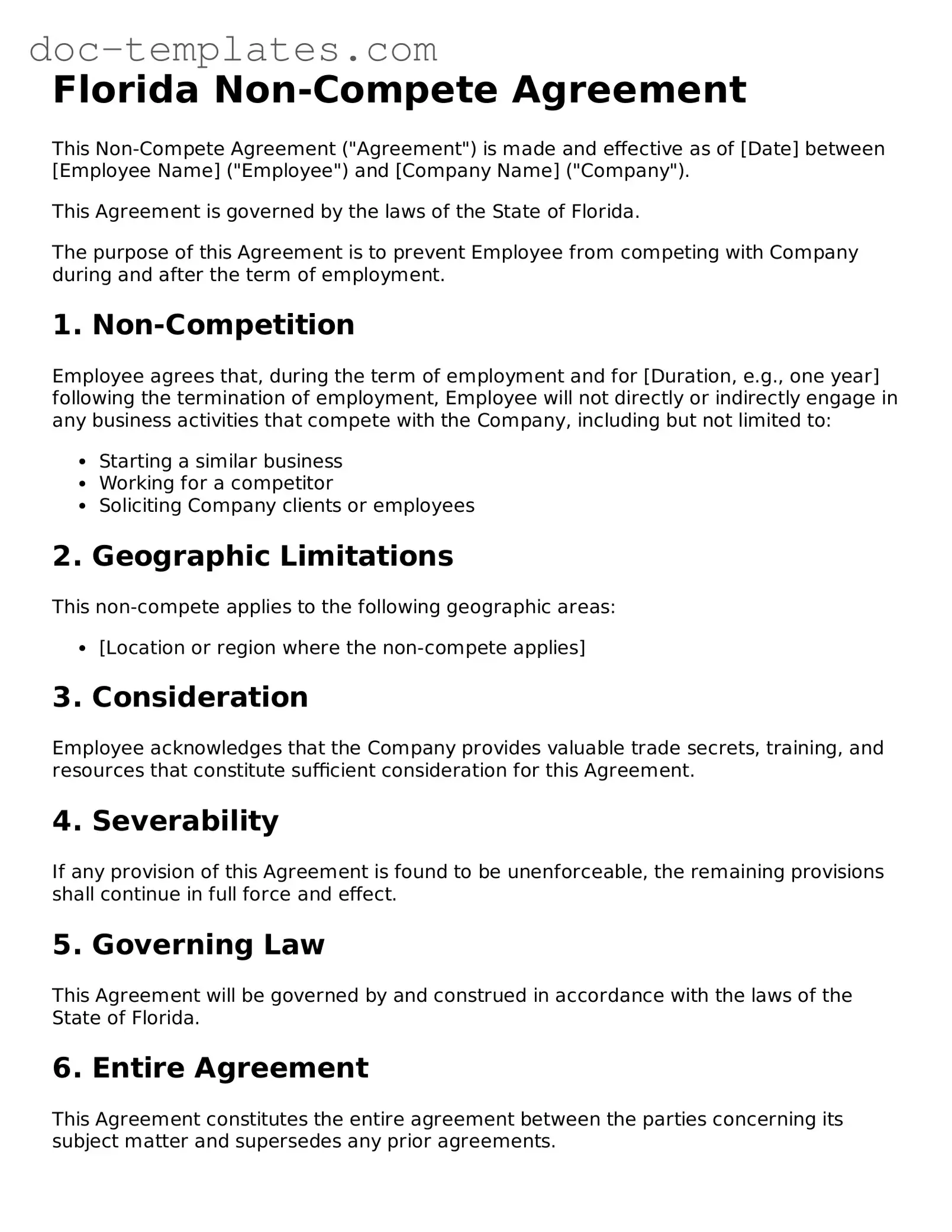 Legal  Non-compete Agreement Form for Florida