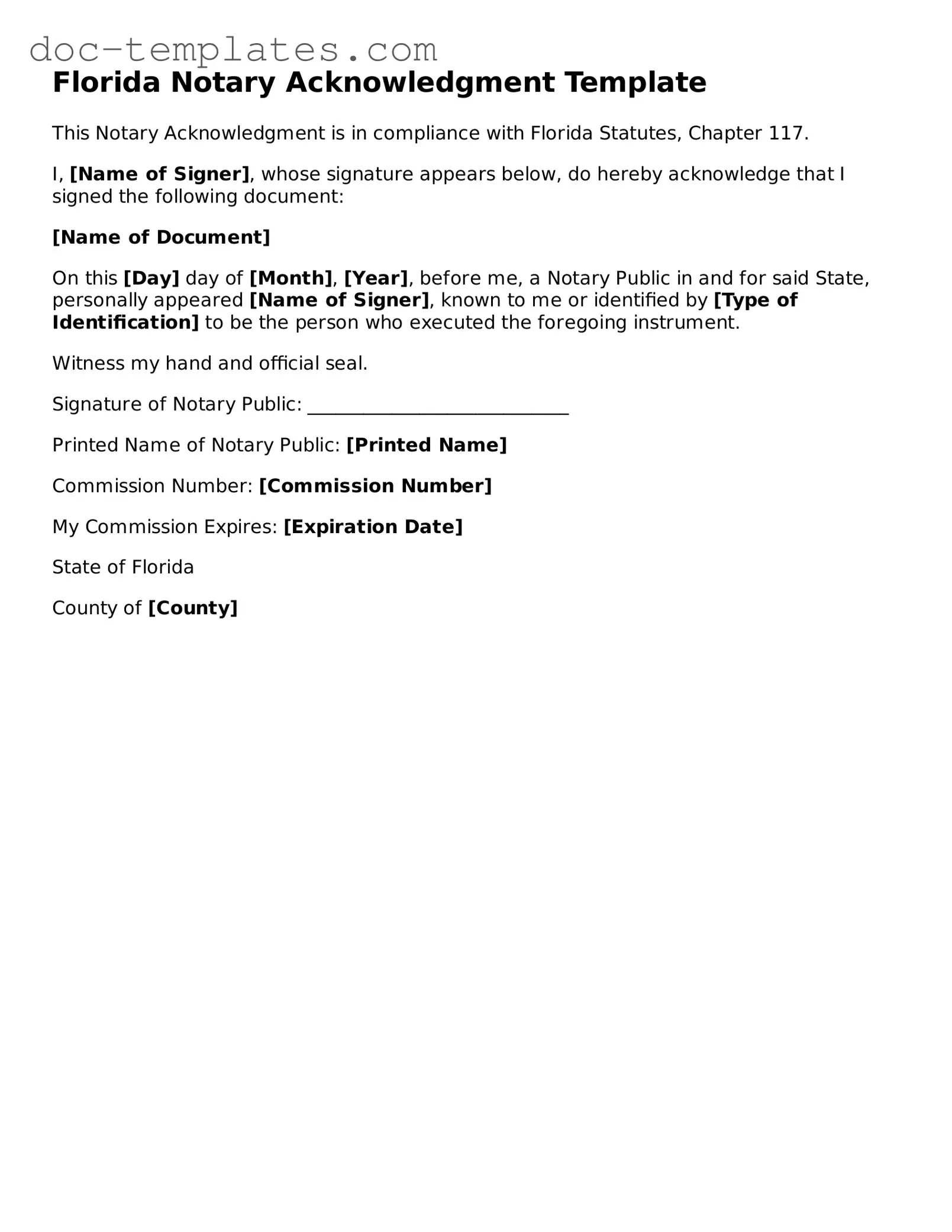 Legal  Notary Acknowledgement Form for Florida