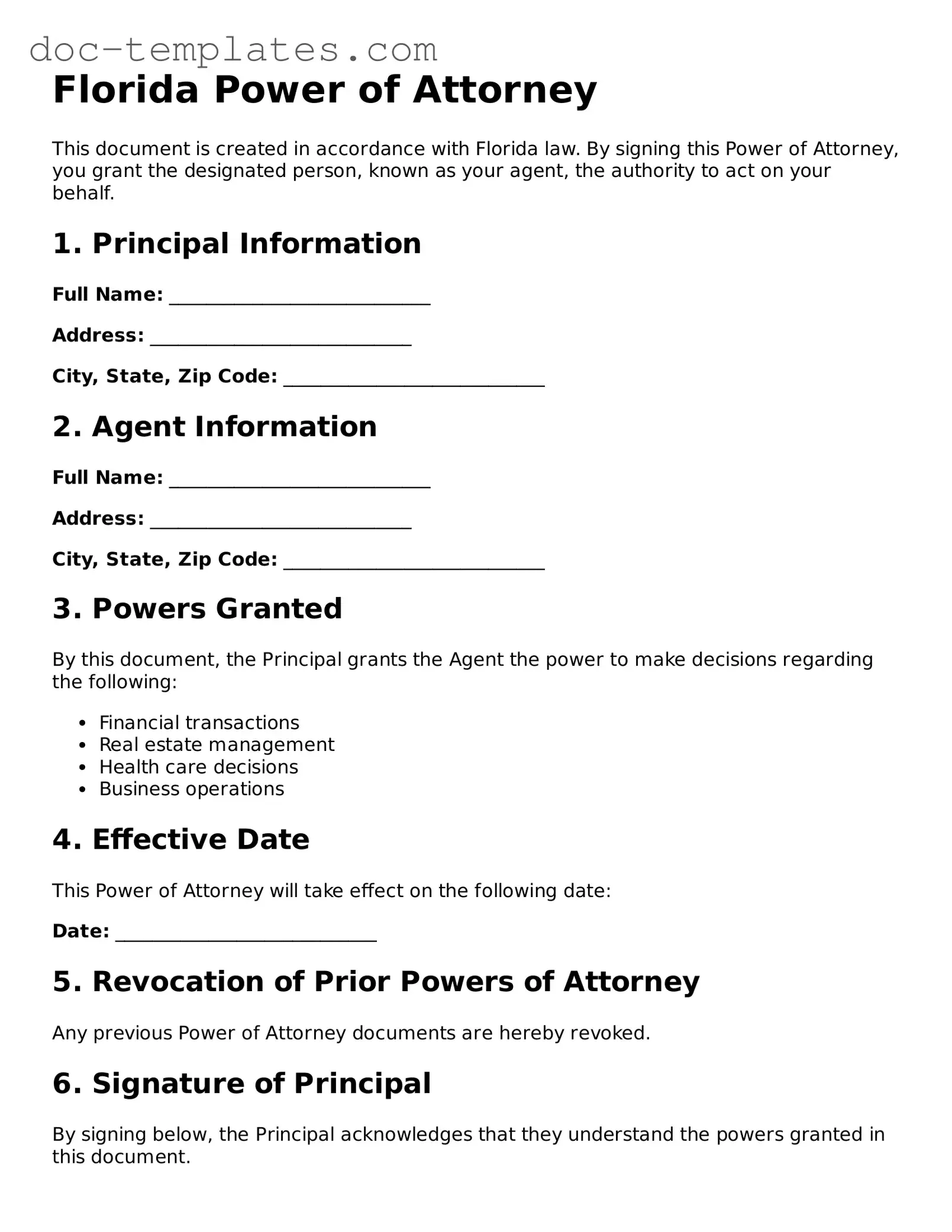 Legal  Power of Attorney Form for Florida