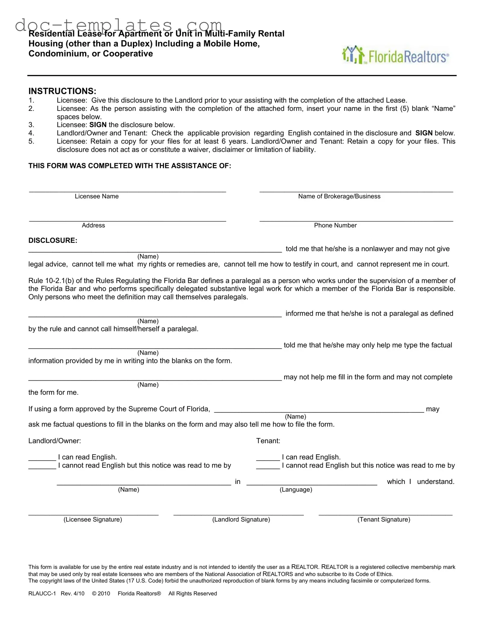 Download Florida Realtors Residential Lease Template