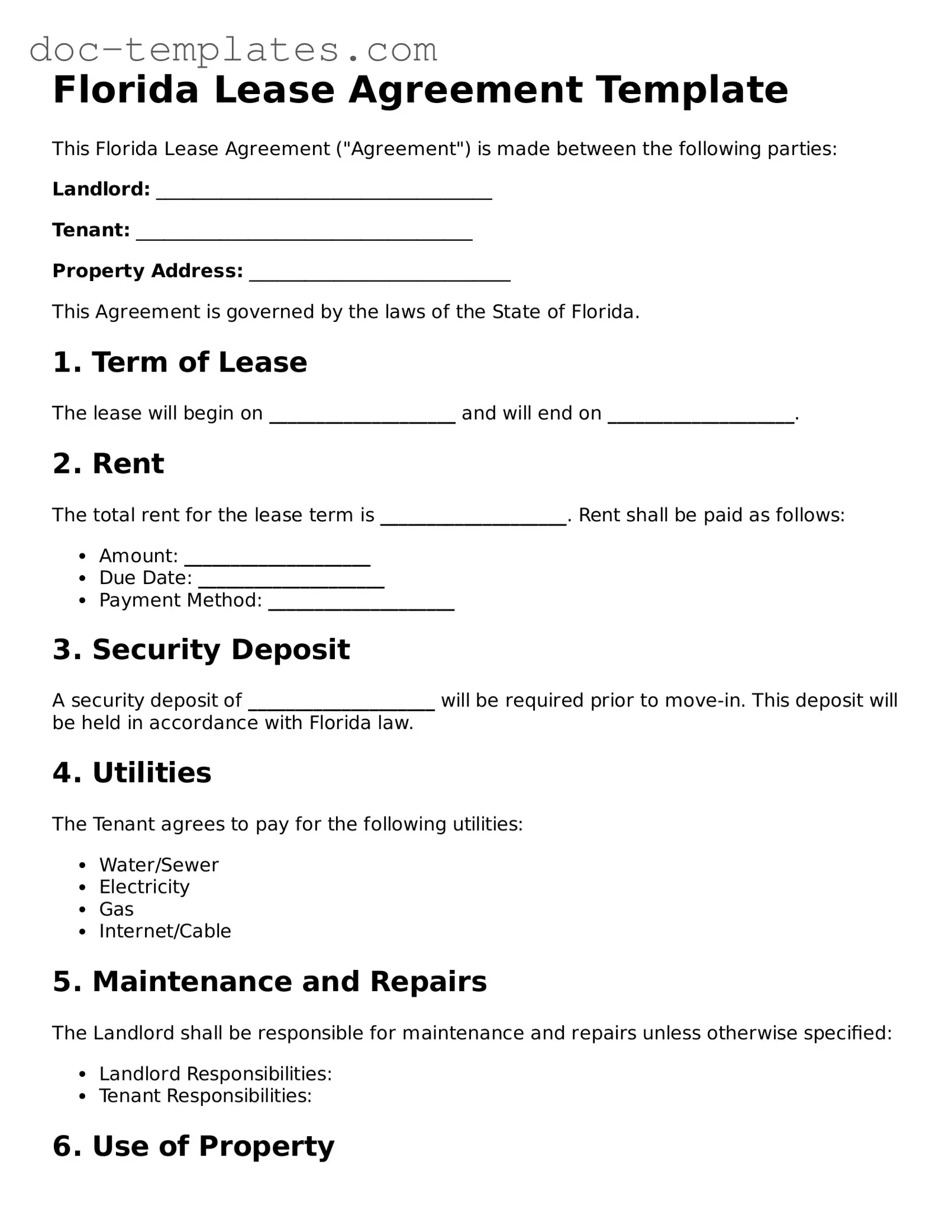 Legal  Lease Agreement Form for Florida