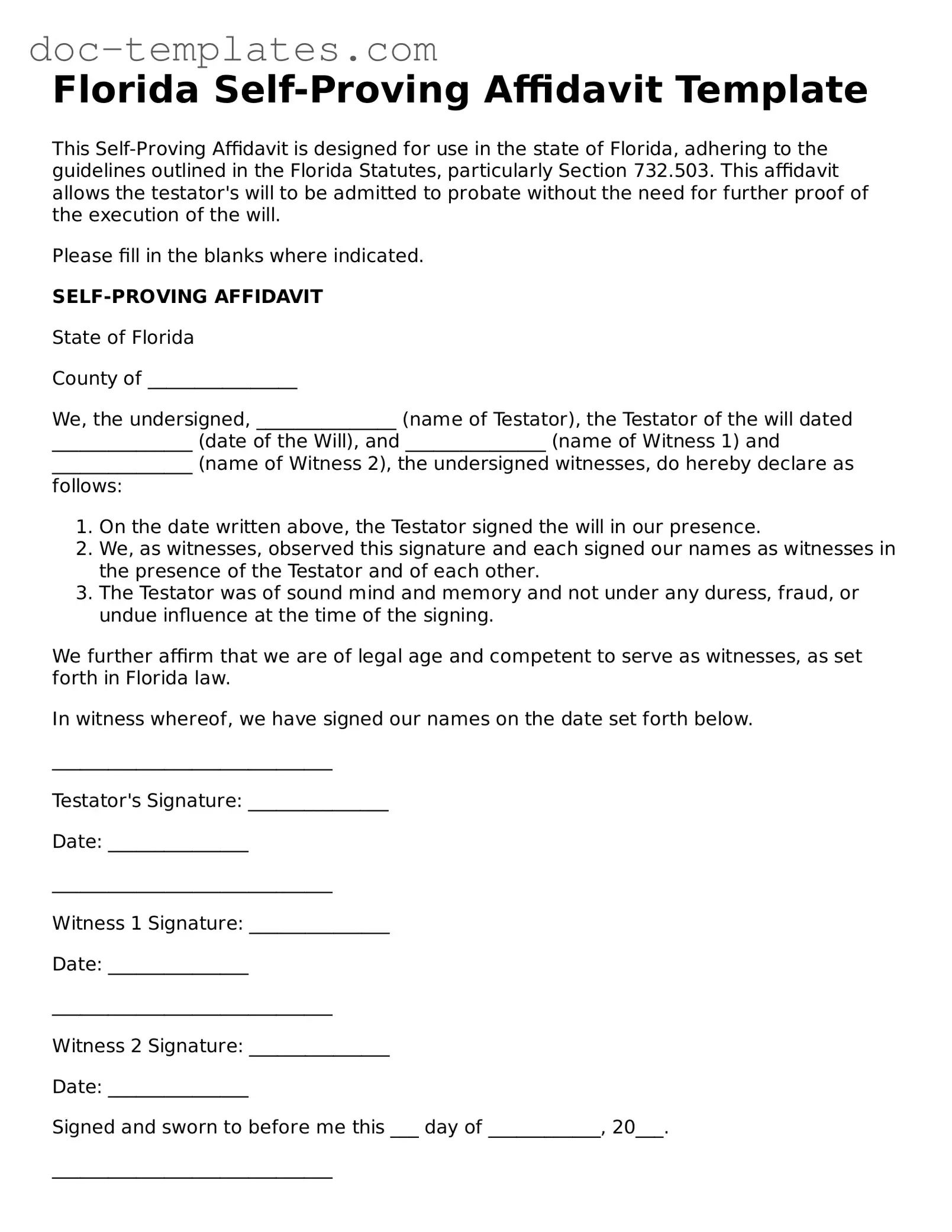 Legal  Self-Proving Affidavit Form for Florida