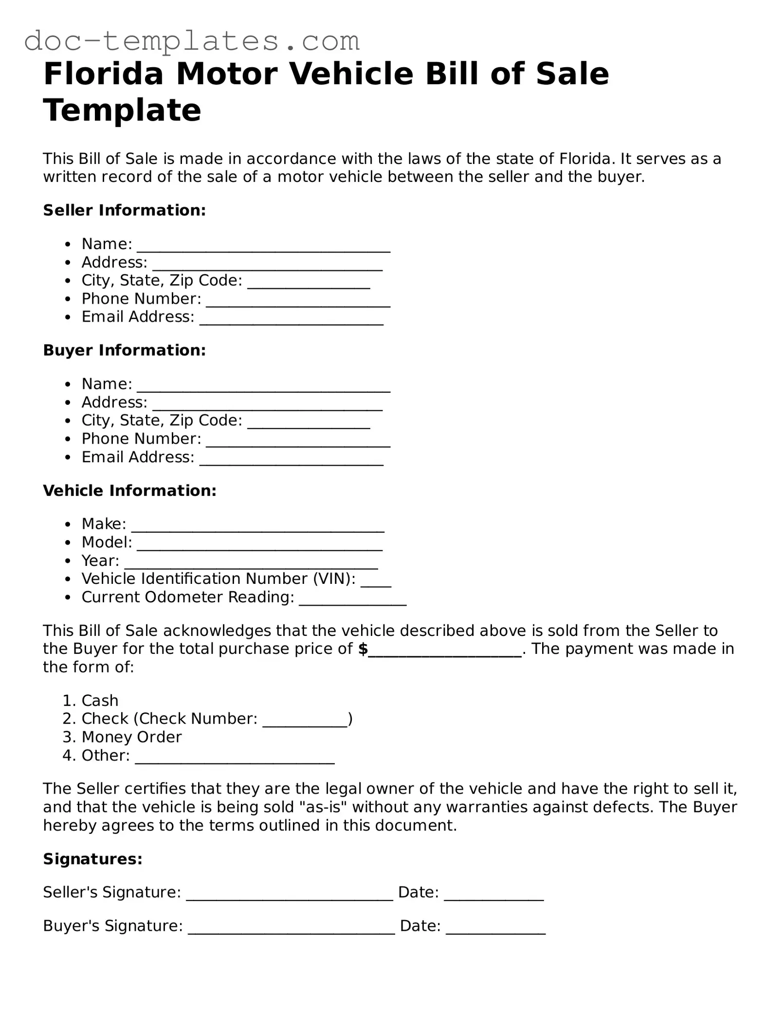 Legal  Motor Vehicle Bill of Sale Form for Florida