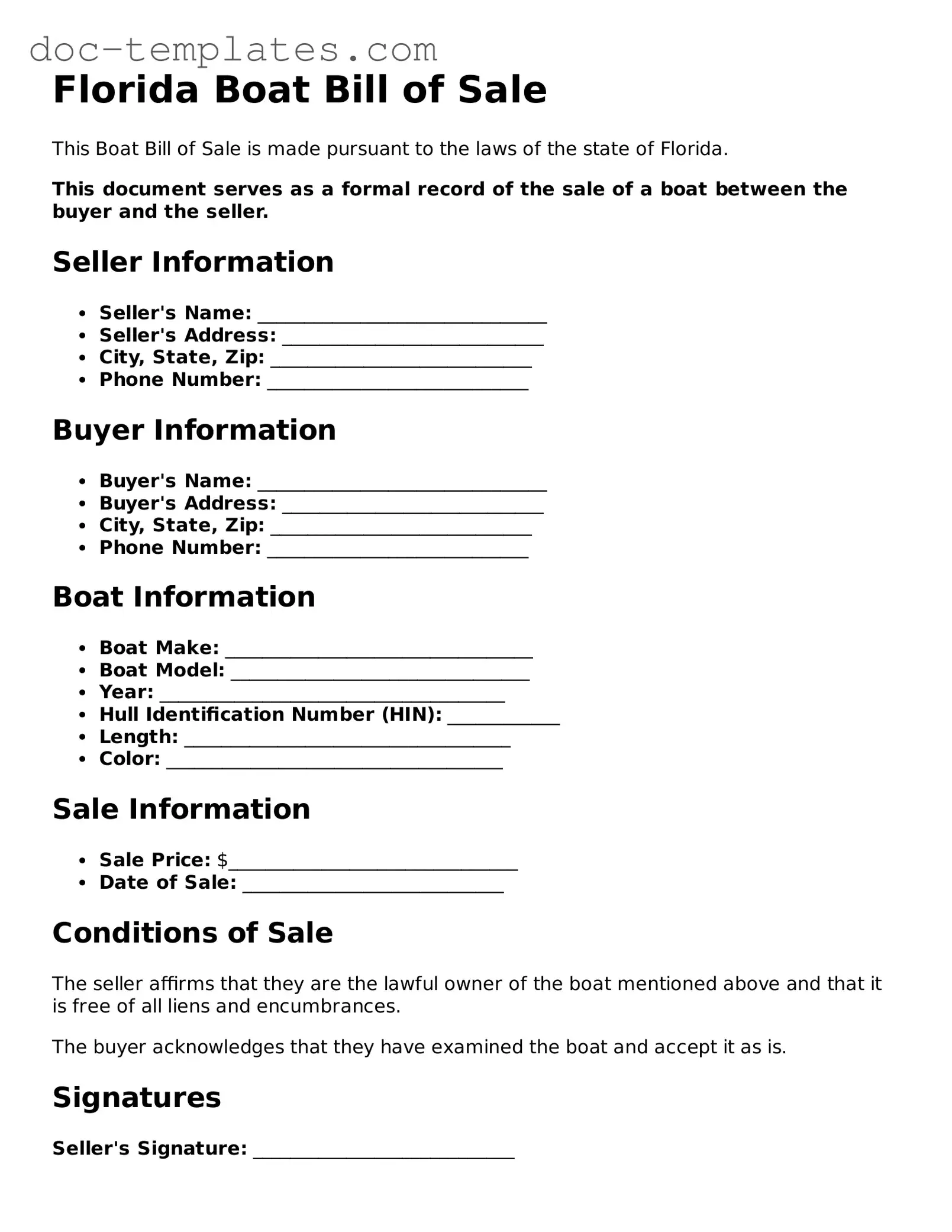 Legal  Boat Bill of Sale Form for Florida
